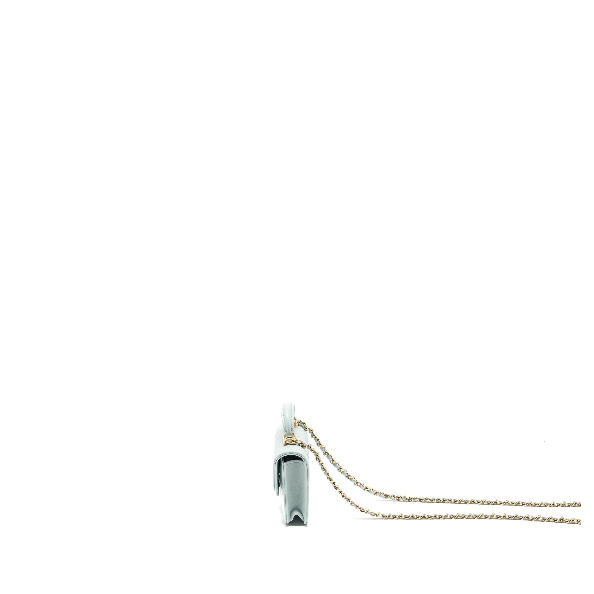 CHANEL TOP HANDLE MINI FLAP CLUTCH WITH CHAIN LAMBSKIN LIGHT BLUE LGHW