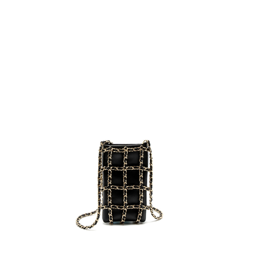 CHANEL GOLD CLUTH O CHAIN VERTICAL PHONE HOLDER LAMBSKIN BLACK GHW