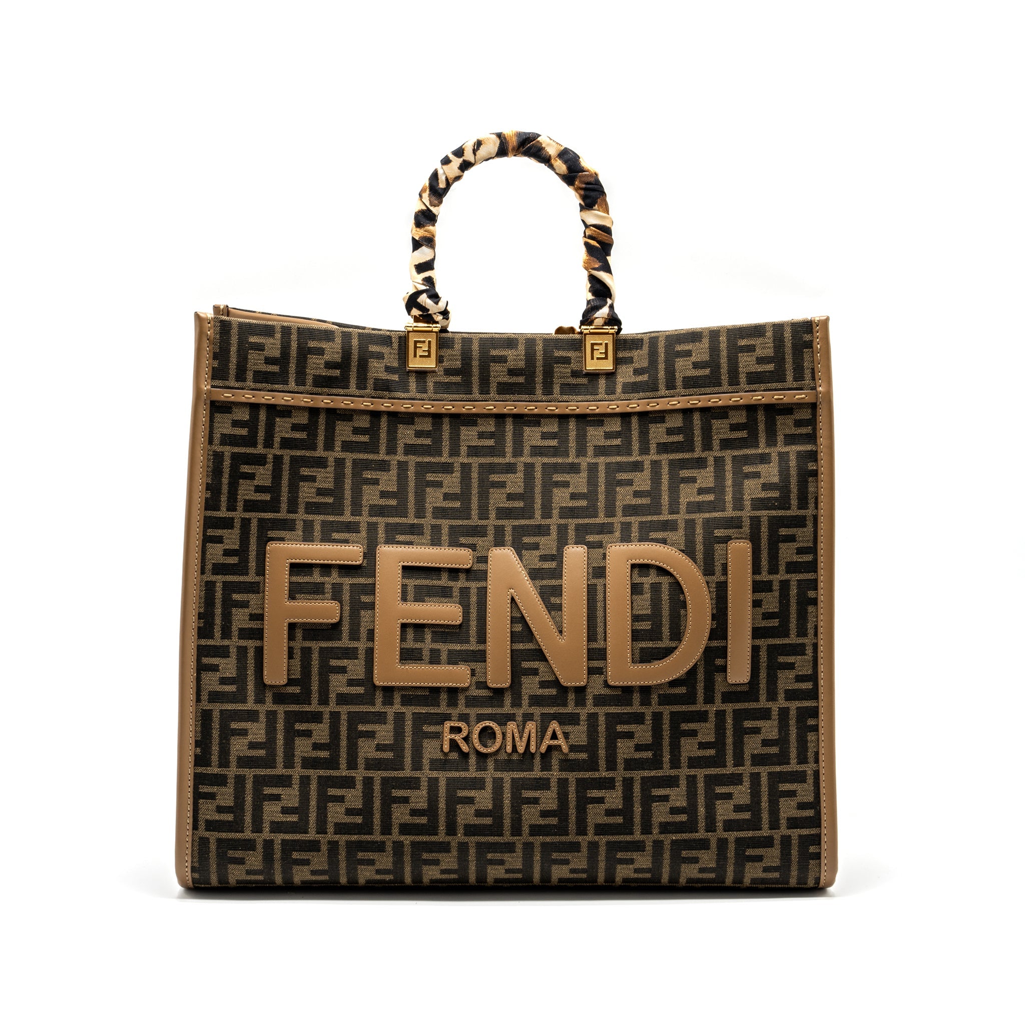 FENDI SUNSHINE LARGE TOTE SHOPPER FF JACQUARD FABRIC BROWN GHW