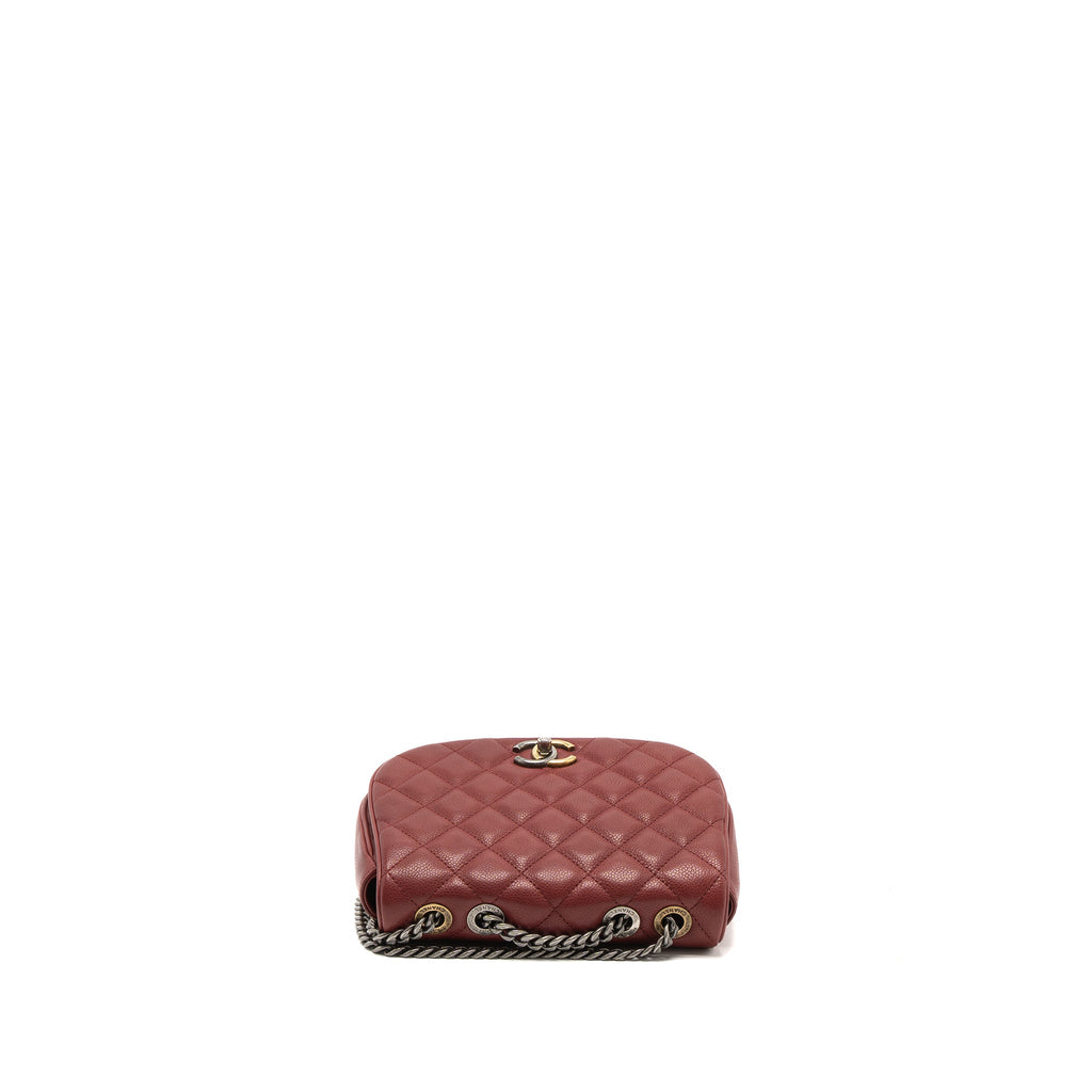 CHANEL ROUND CROSSBODY MESSENGER BAG CAVIAR RED BRUSHED GOLD/RUTHENIUM SILVER HARDWARE