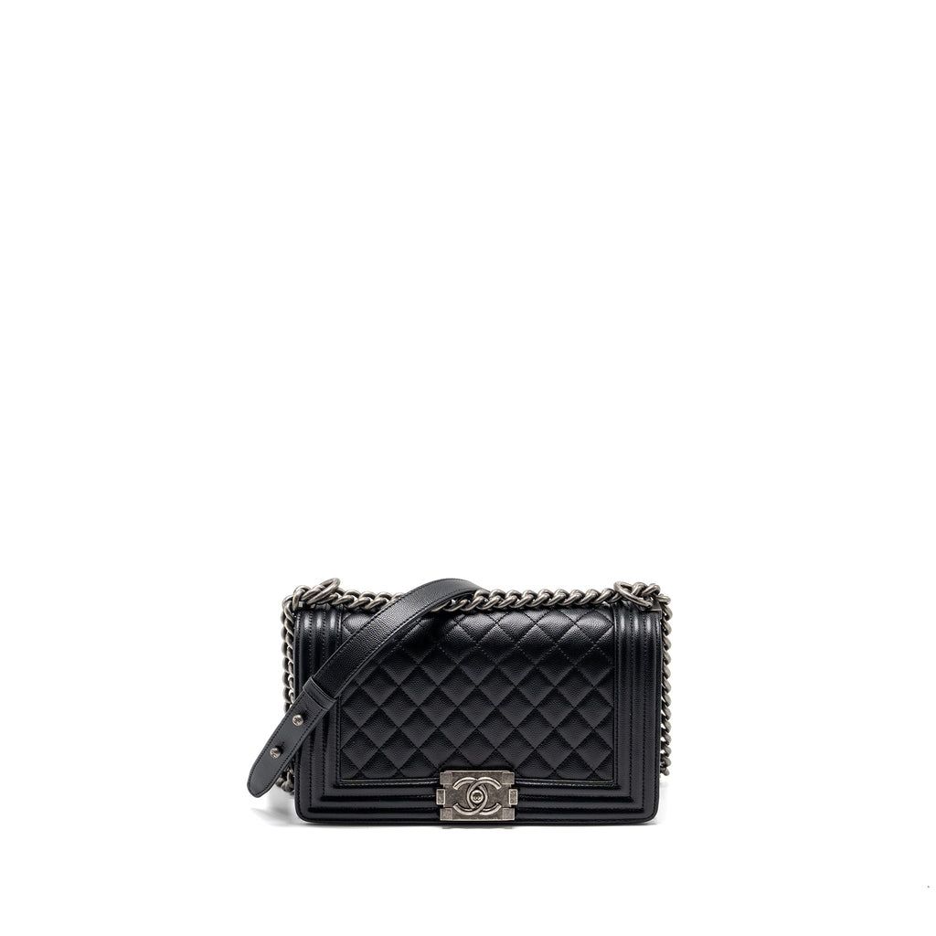 CHANEL MEDIUM BOY BAG CAVIAR BLACK RUTHENIUM SHW