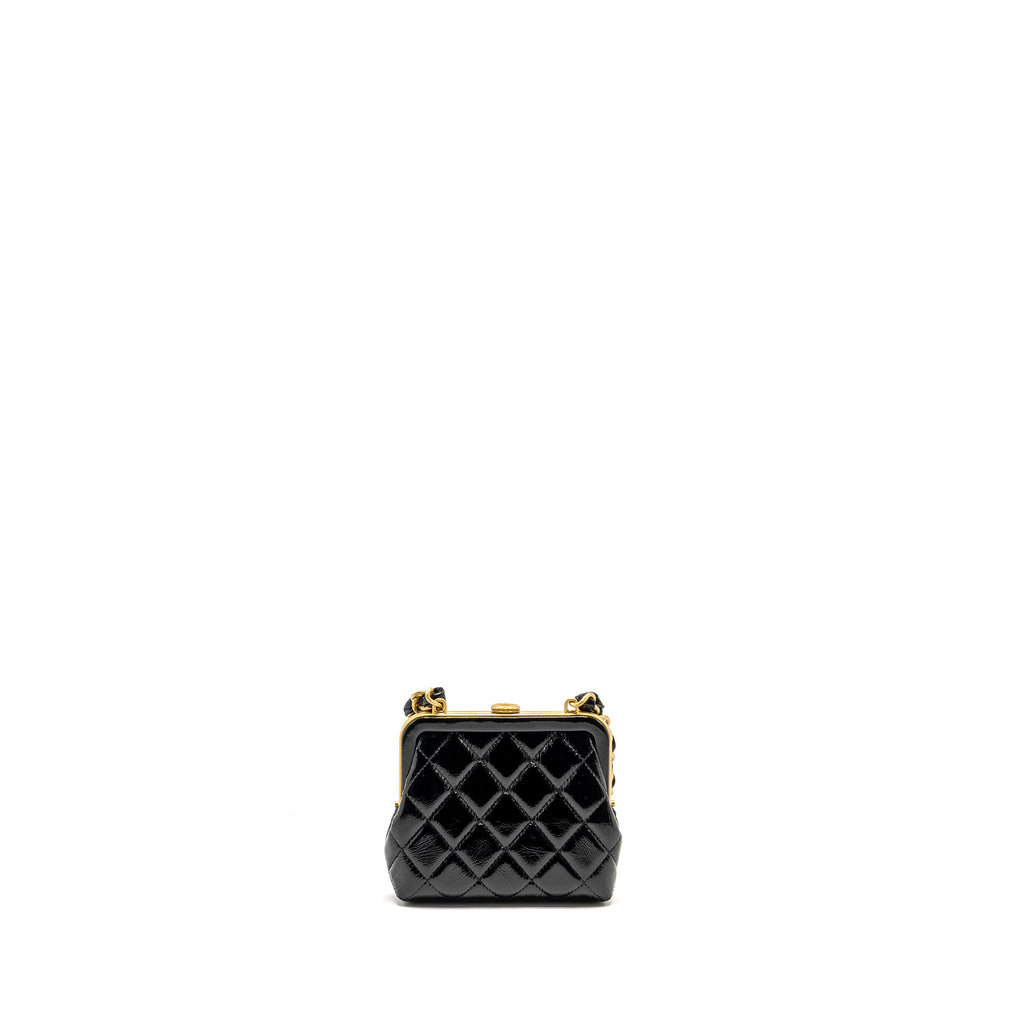 CHANEL 24A BOWKNOT CLUTCH WITH CHAIN PATENT CRUMPLED LAMBSKIN/SHINY LAMBSKIN BLACK/PINK GHW (MICROCHIP)