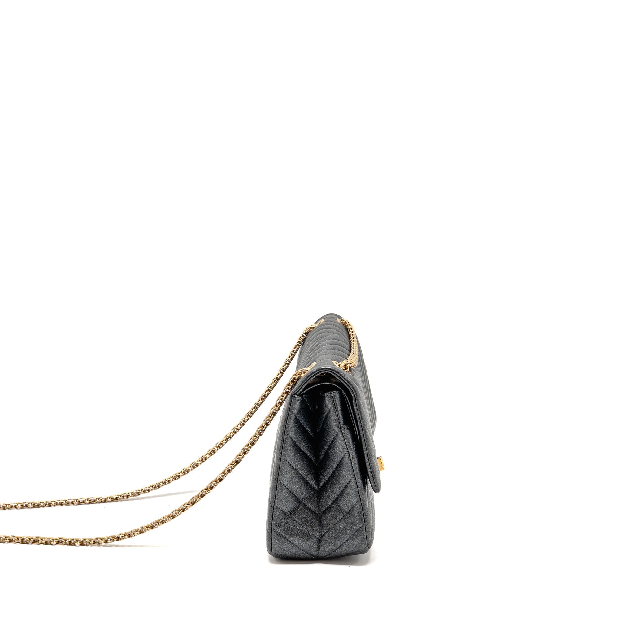 CHANEL LARGE 2.55 226 REISSUE DOUBLE FLAP BAG CHEVRON METALLIC CALFSKIN CHARCOAL GHW