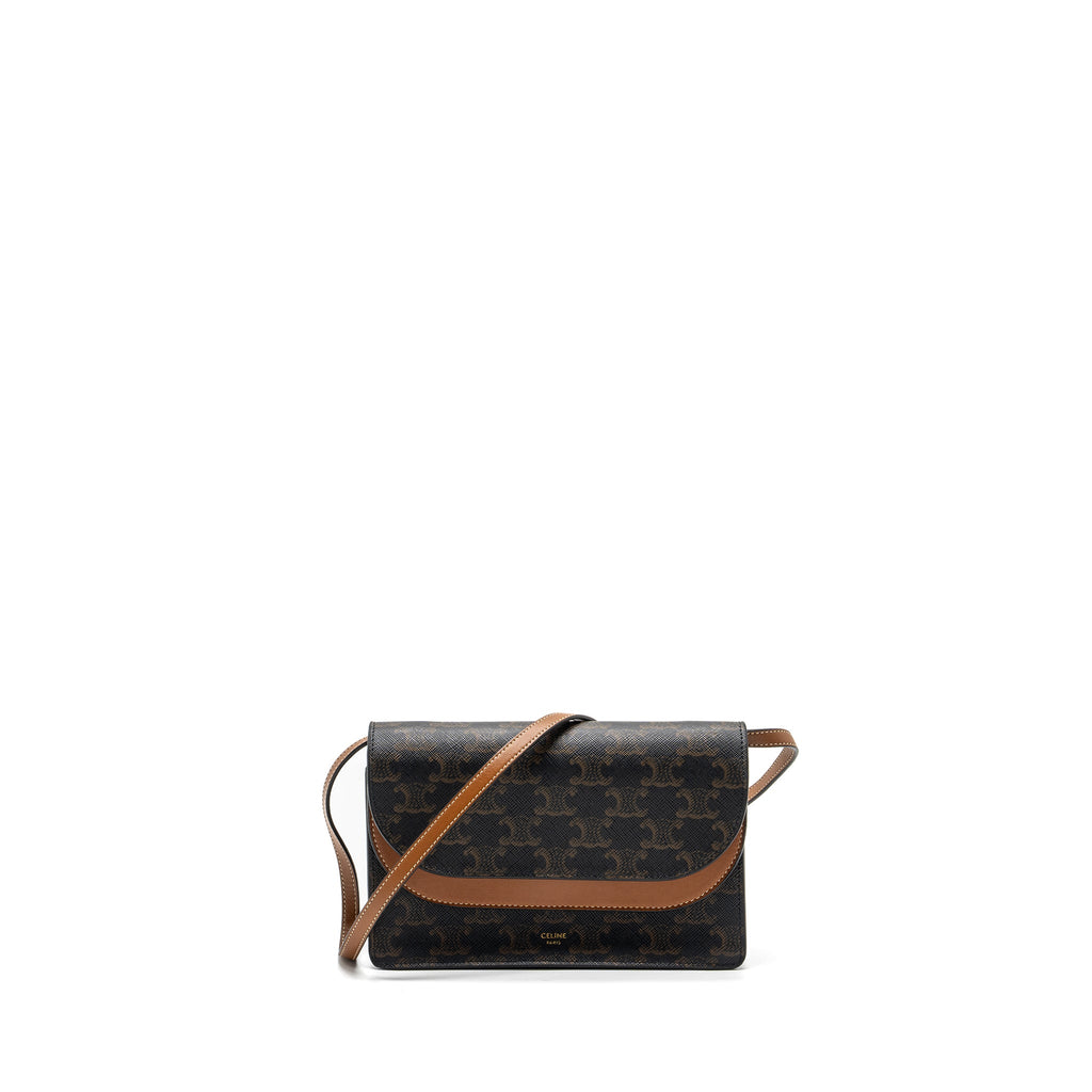 CELINE WALLET ON STRAP TRIOMPHE CANVAS / LEATHER TAN GHW