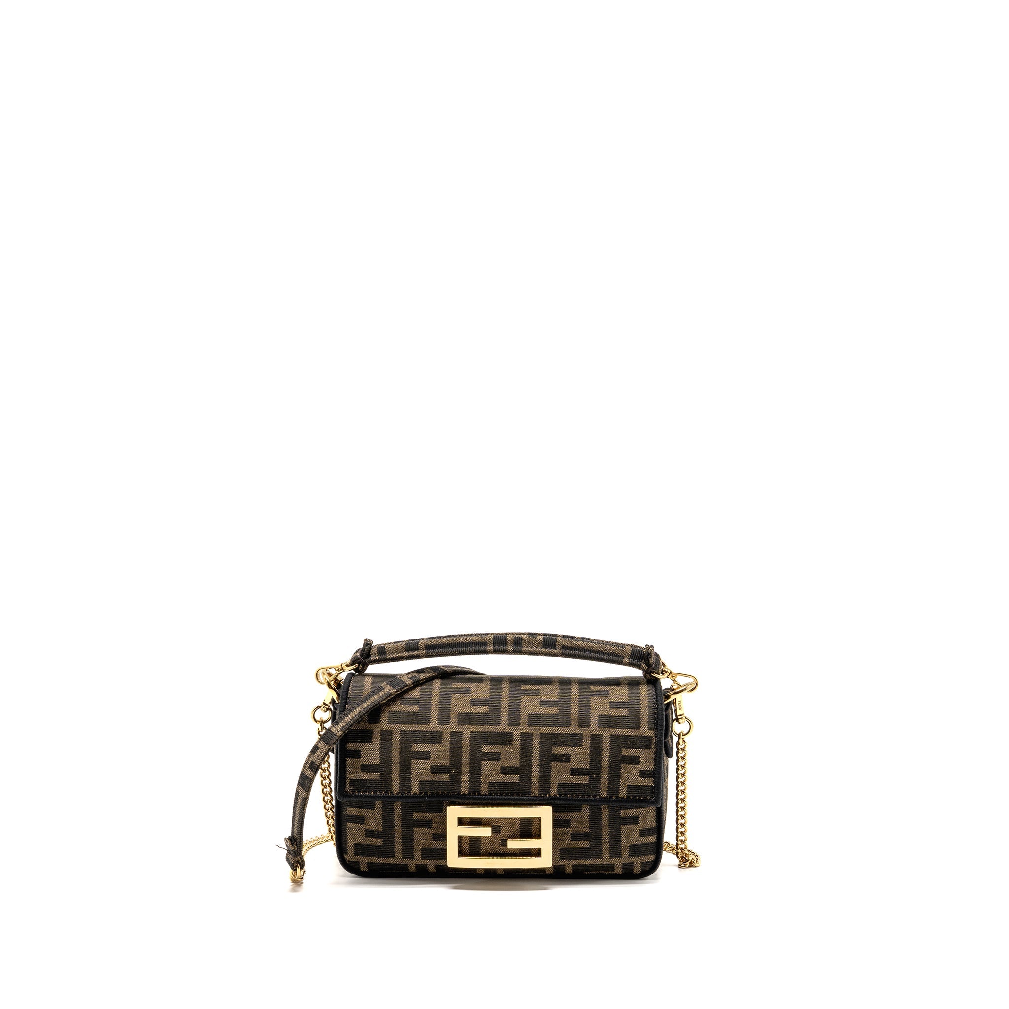 FENDI MINI BAGUETTE SHOULDER BAG FF JACQUARD CANVAS BROWN GHW