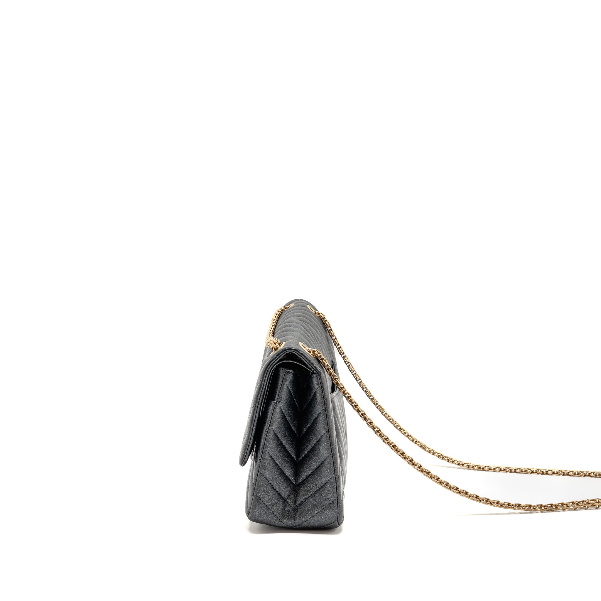 CHANEL LARGE 2.55 226 REISSUE DOUBLE FLAP BAG CHEVRON METALLIC CALFSKIN CHARCOAL GHW