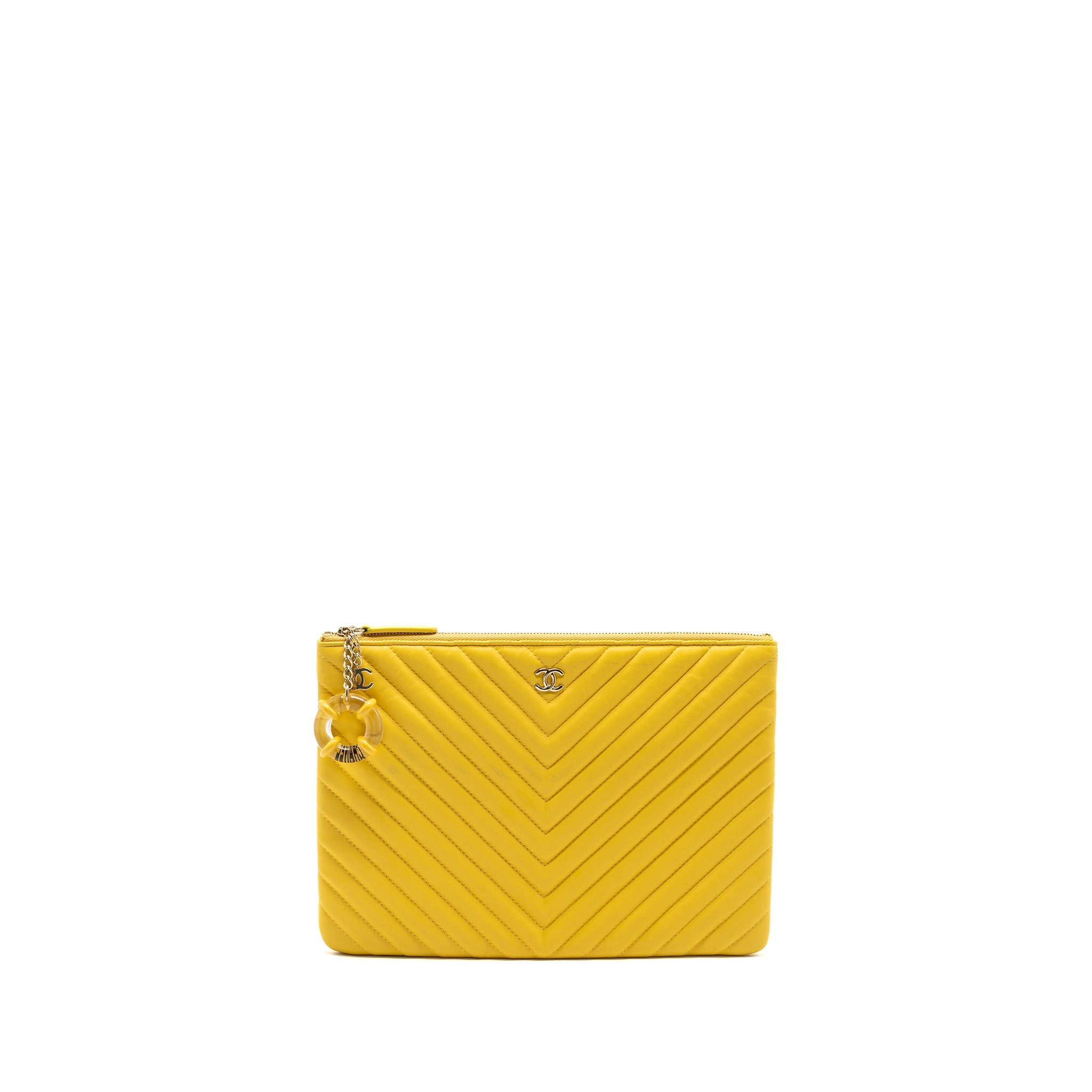 CHANEL CHEVRON ZIP POUCH / CLUTCH LAMBSKIN YELLOW LGHW