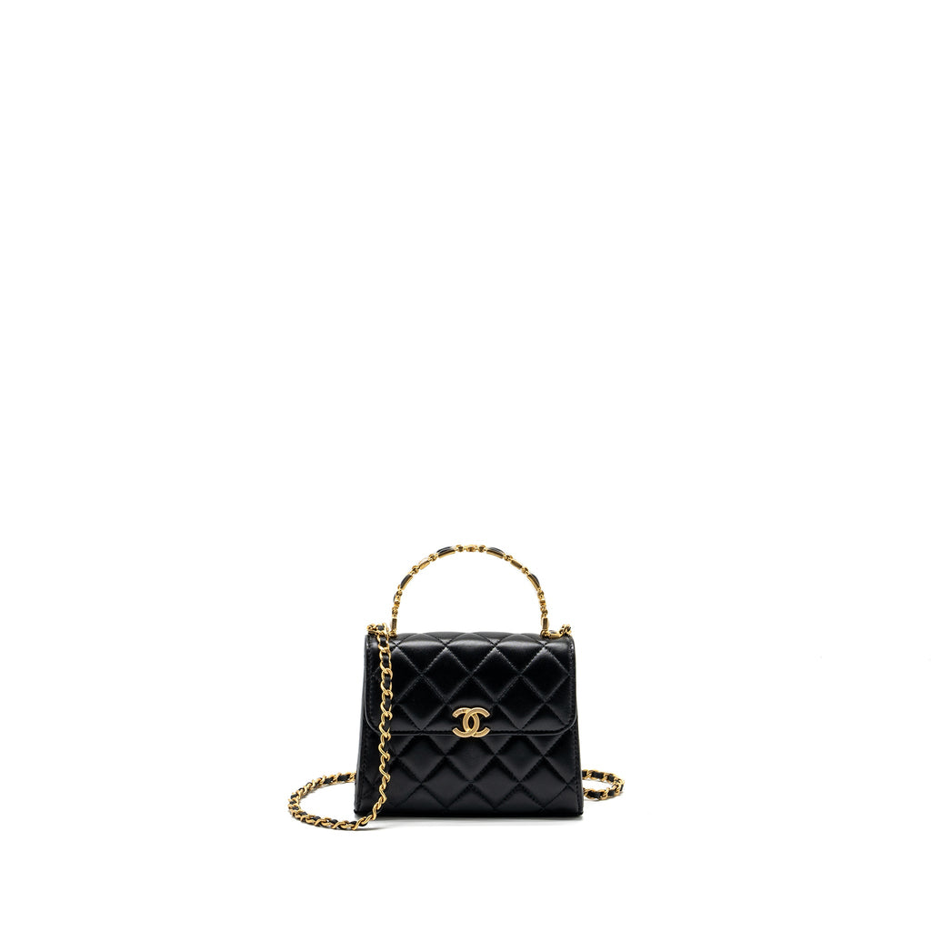 CHANEL 22B ENAMEL TOP HANDLE MINI FLAP BAG LAMBSKIN BLACK GHW (MICROCHIP)