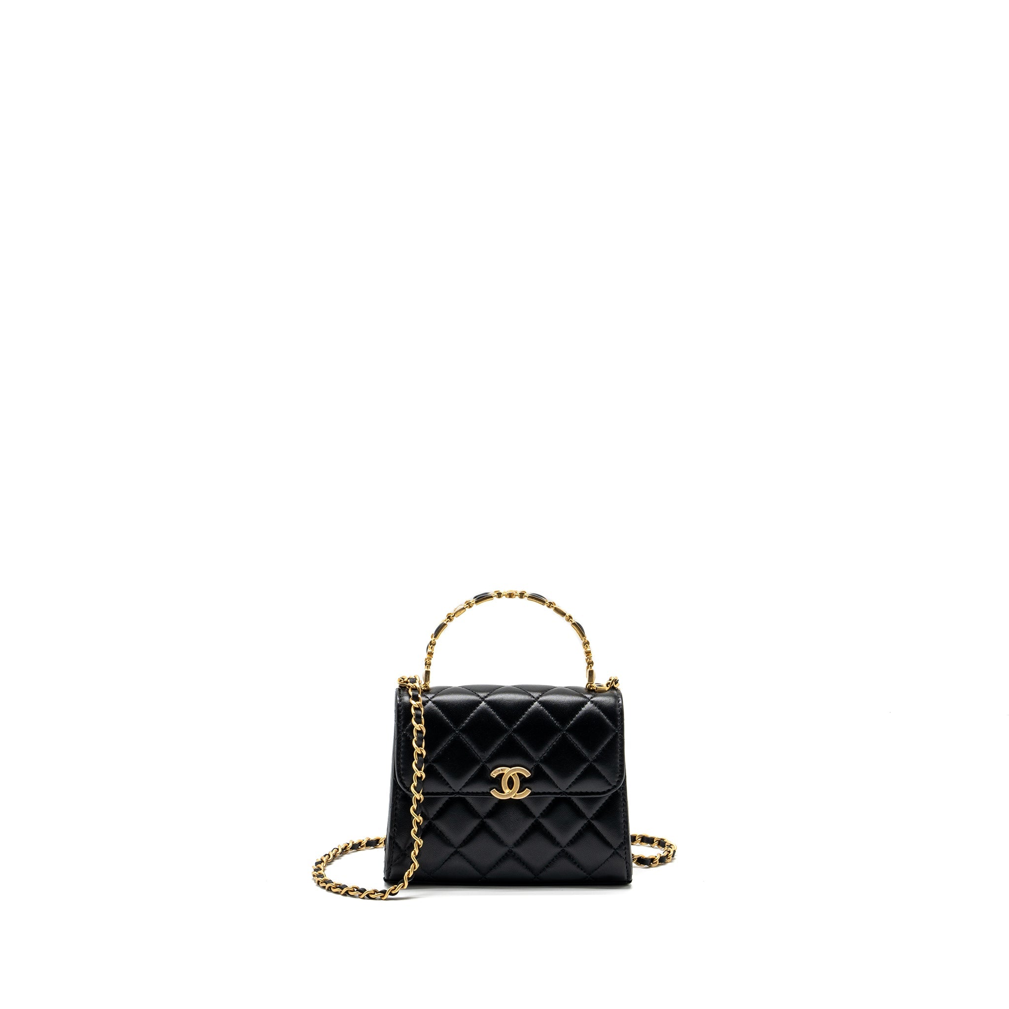 CHANEL 22B ENAMEL TOP HANDLE MINI FLAP BAG LAMBSKIN BLACK GHW (MICROCHIP)
