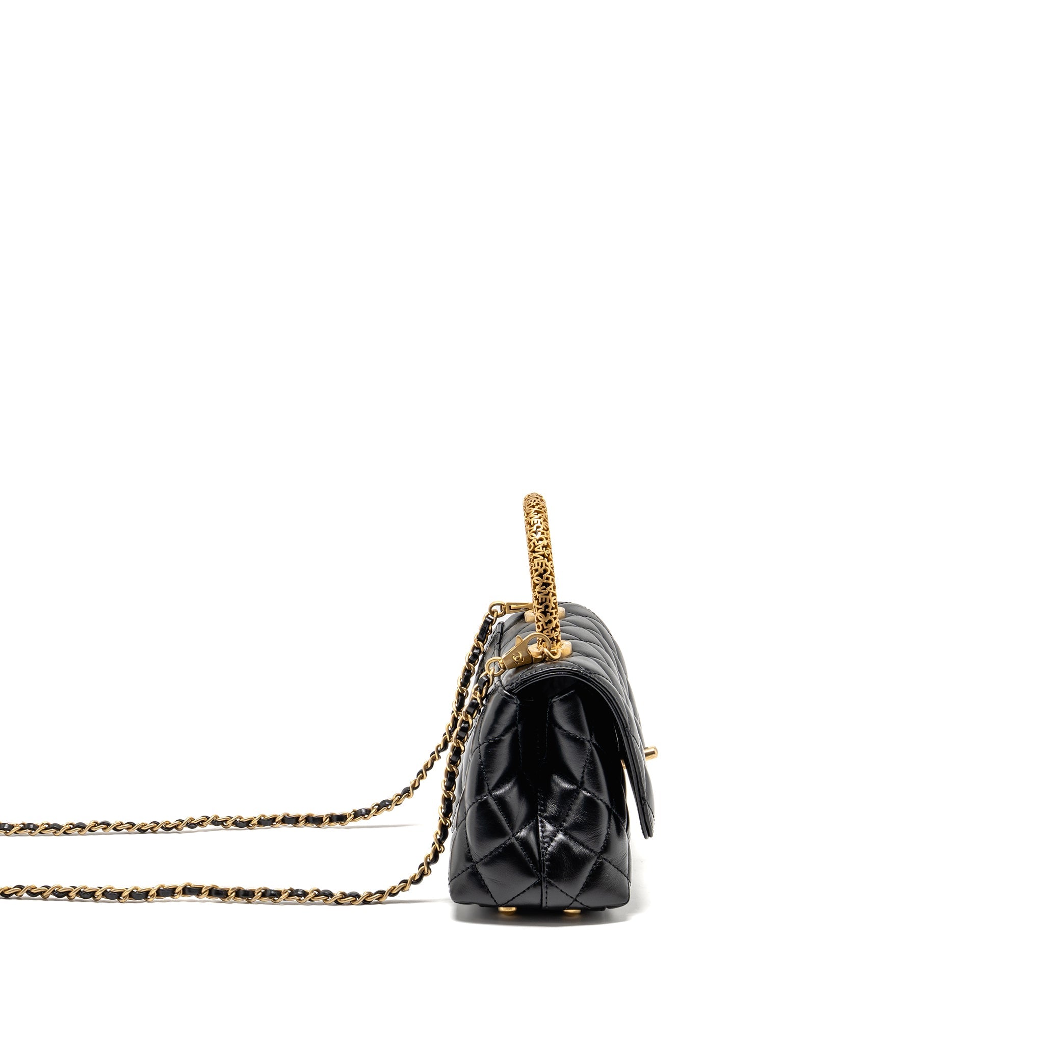 CHANEL DETAILED METAL TOP HANDLE MINI COCO HANDLE FLAP BAG SHINY CALFSKIN BLACK GHW (MICROCHIP)