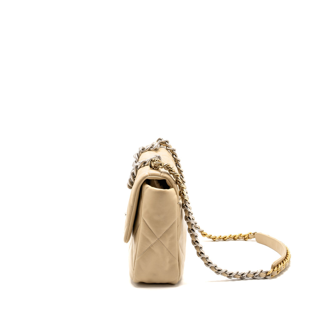 CHANEL LARGE 19 BAG LAMBSKIN LIGHT BEIGE MULTICOLOUR HARDWARE (MICROCHIP)
