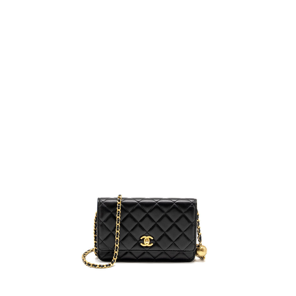 CHANEL PEARL CRUSH WALLET ON CHAIN LAMBSKIN BLACK GHW (MICROCHIP)