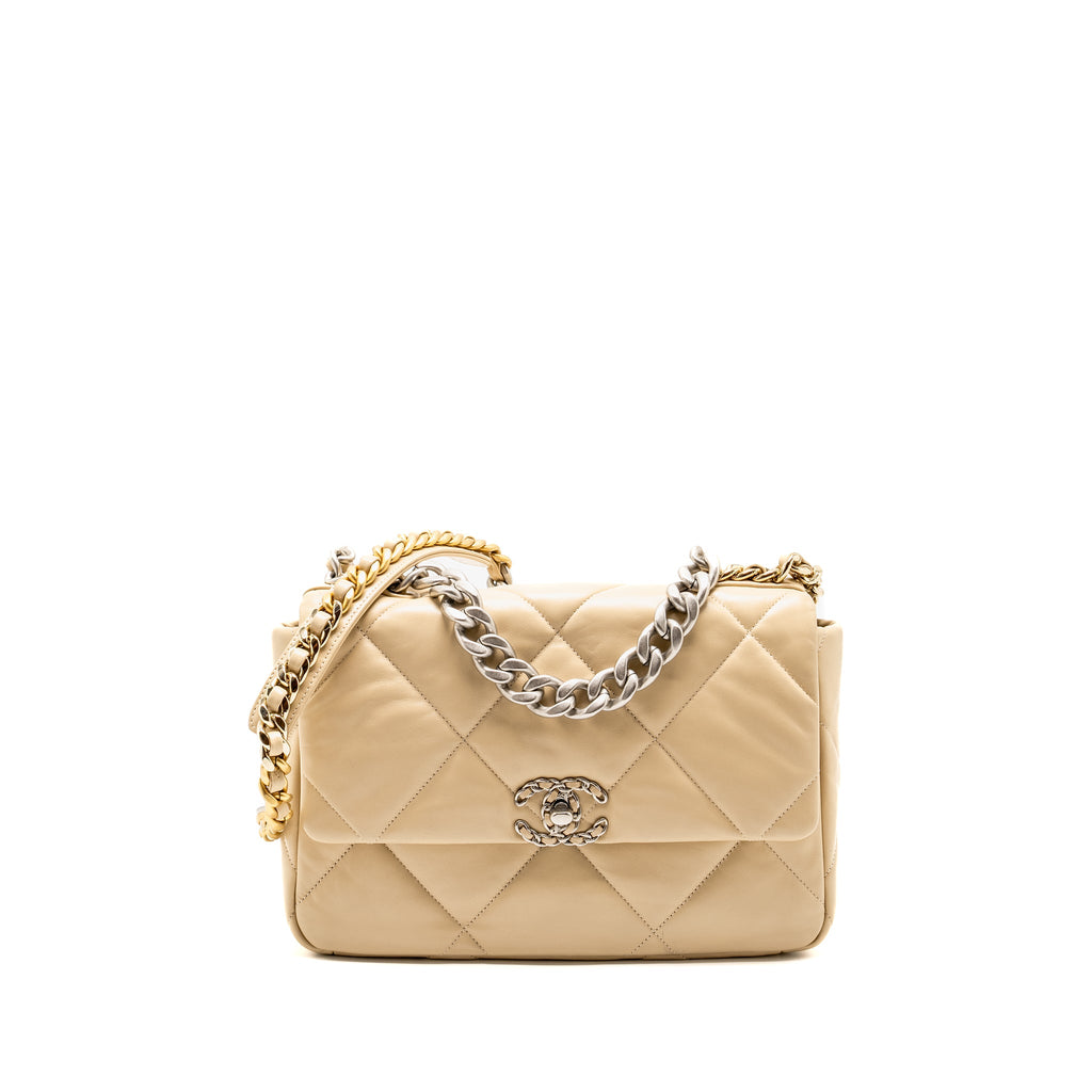 CHANEL LARGE 19 BAG LAMBSKIN LIGHT BEIGE MULTICOLOUR HARDWARE (MICROCHIP)