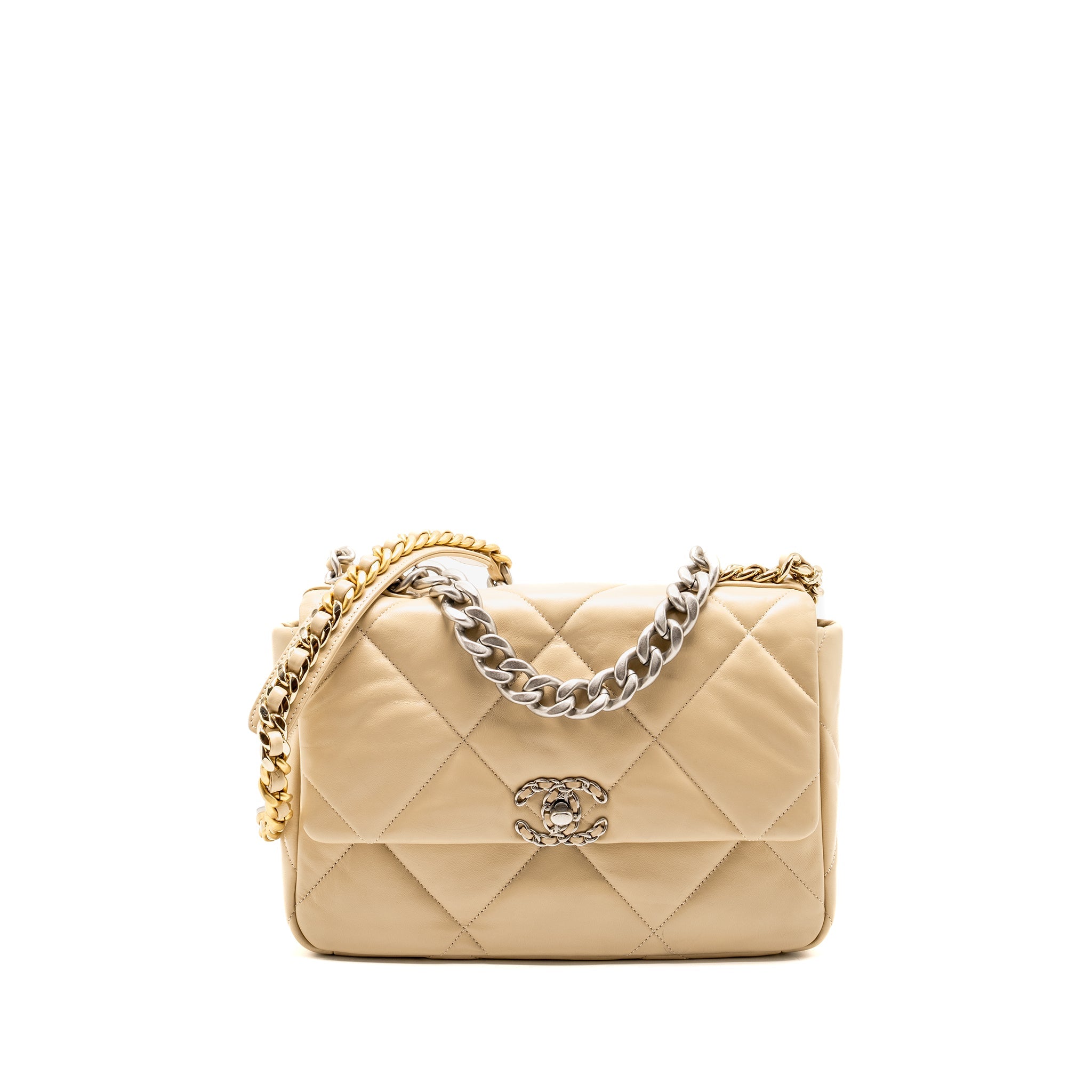 CHANEL LARGE 19 BAG LAMBSKIN LIGHT BEIGE MULTICOLOUR HARDWARE (MICROCHIP)