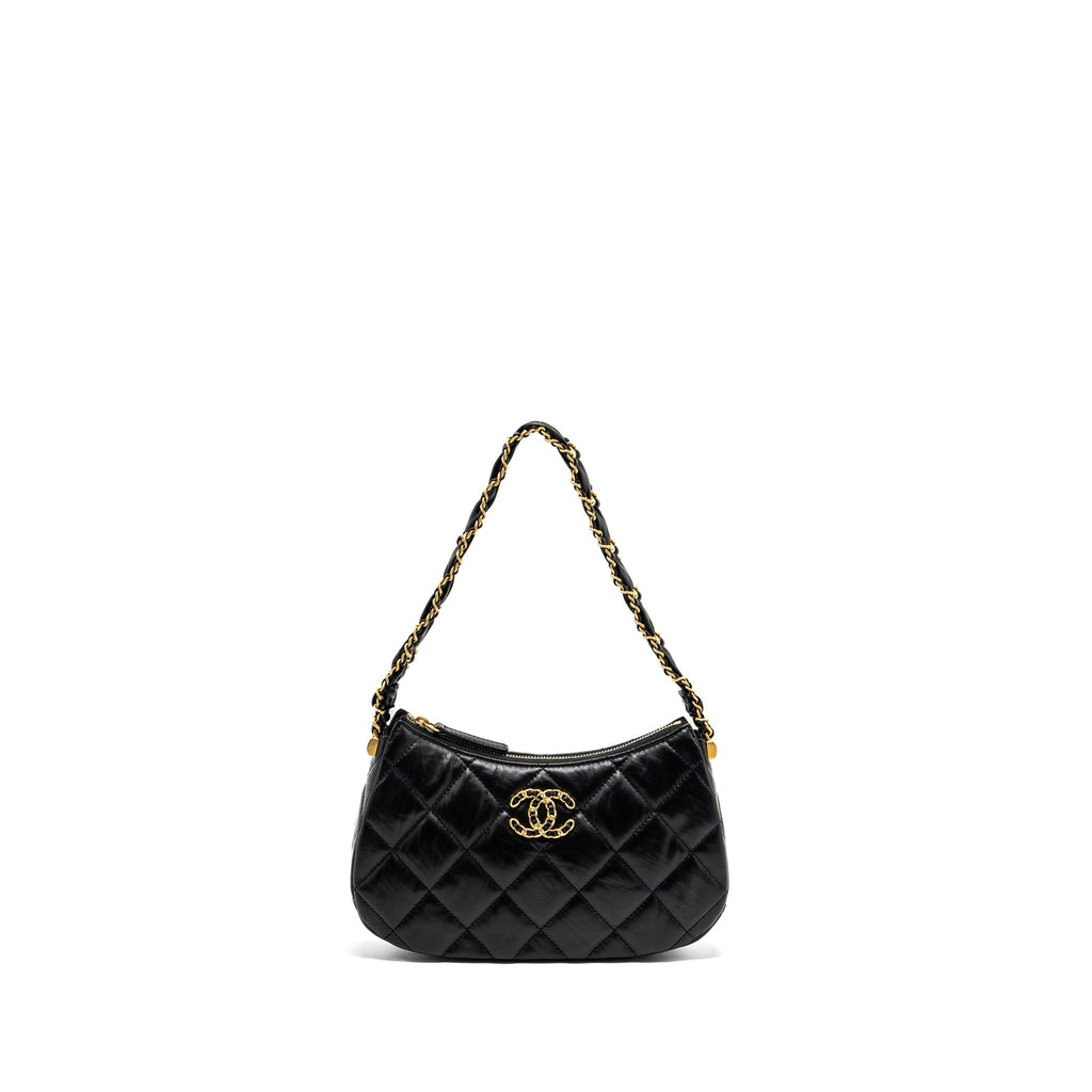 CHANEL 23K 19 HOBO SHOULDER BAG CALFSKIN BLACK GHW (MICROCHIP)