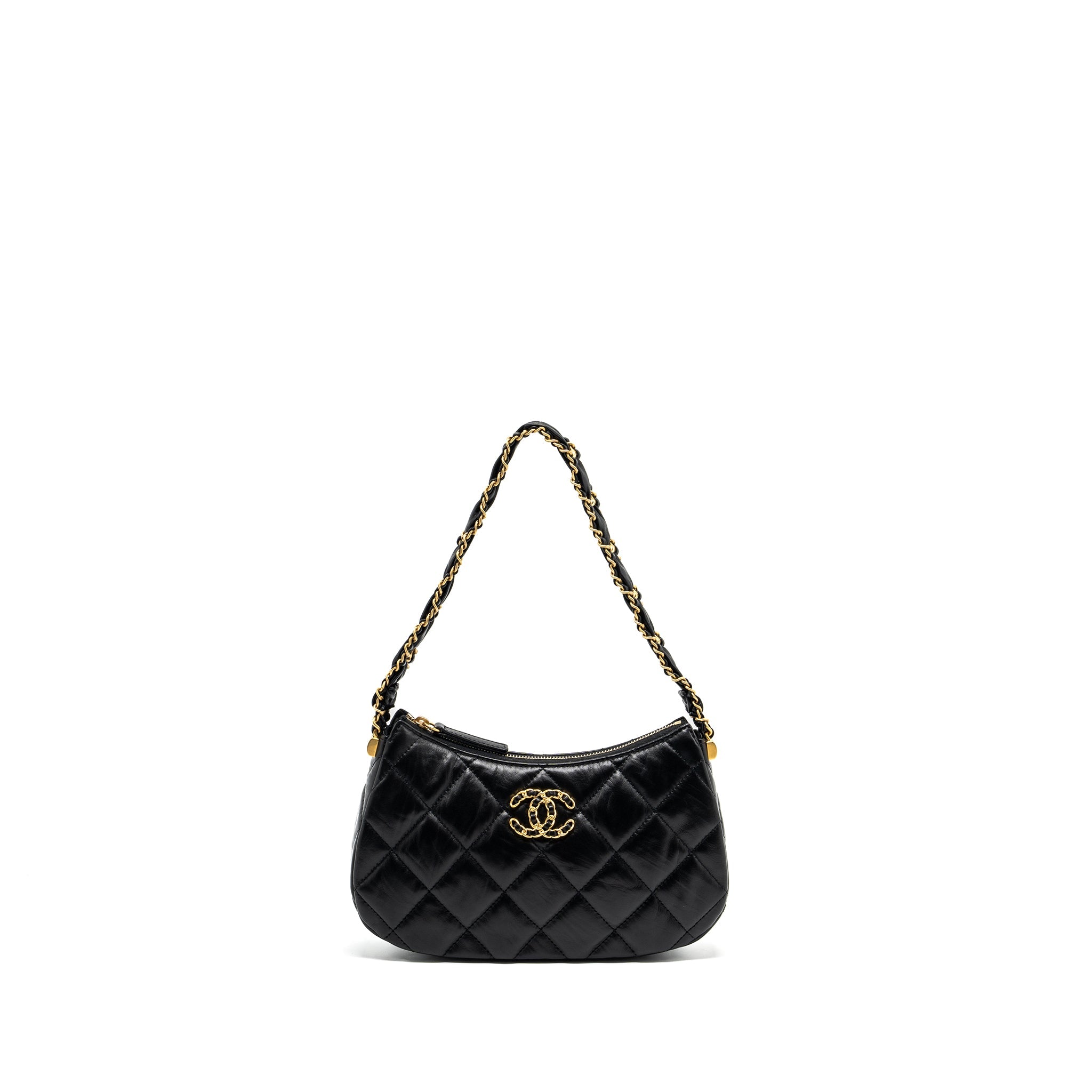 CHANEL 23K 19 HOBO SHOULDER BAG CALFSKIN BLACK GHW (MICROCHIP)