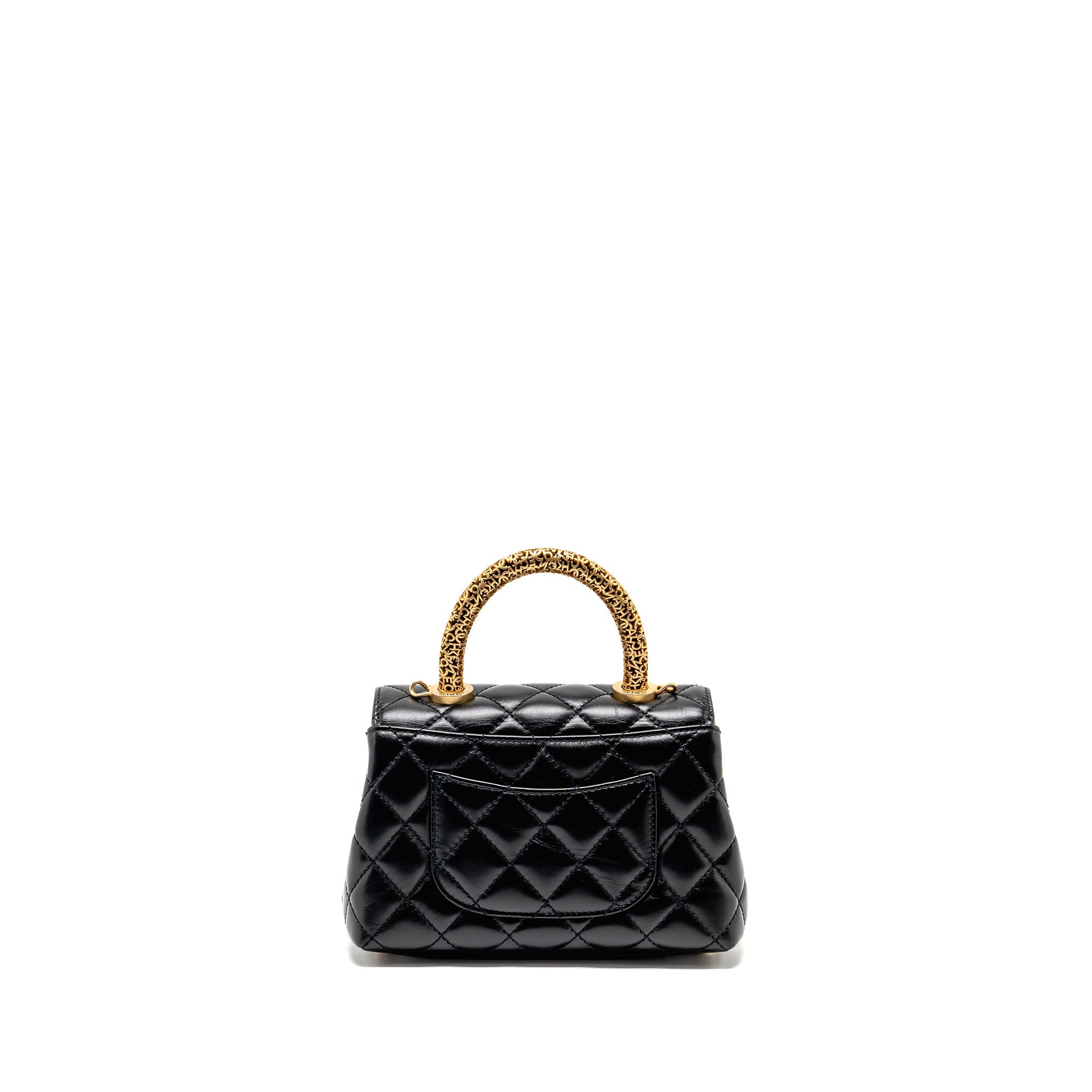 CHANEL DETAILED METAL TOP HANDLE MINI COCO HANDLE FLAP BAG SHINY CALFSKIN BLACK GHW (MICROCHIP)