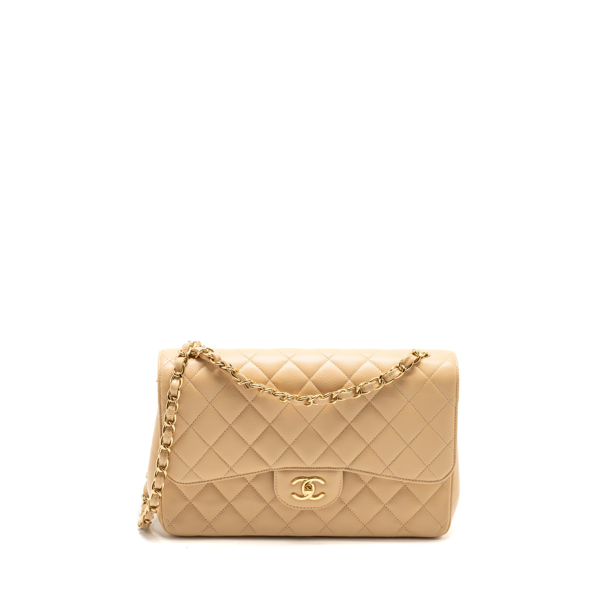 CHANEL JUMBO CLASSIC DOUBLE FLAP CAVIAR BEIGE LGHW (MICROCHIP)