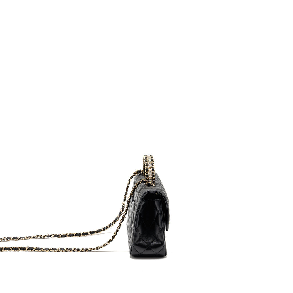 CHANEL 23A CRYSTAL TOP HANDLE FLAP BAG SHINY LAMBSKIN BLACK LGHW(MICROCHIP)