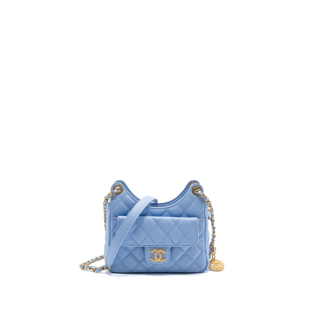 CHANEL 23C SMALL HOBO BAG CAVIAR LIGHT BLUE GHW(MICROCHIP)