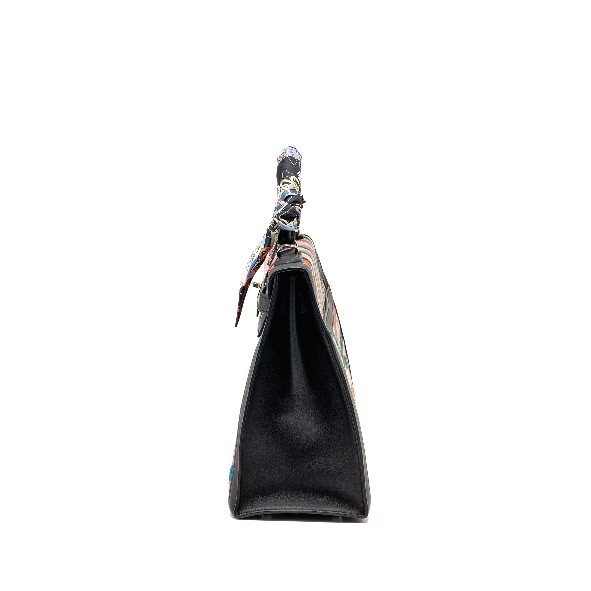 HERMES KELLY 32 LIMITED EDITION TOILE DE WASHED CANVAS / SWIFT LEATHER BLACK / CAVALCADOUR PRINT SHW
