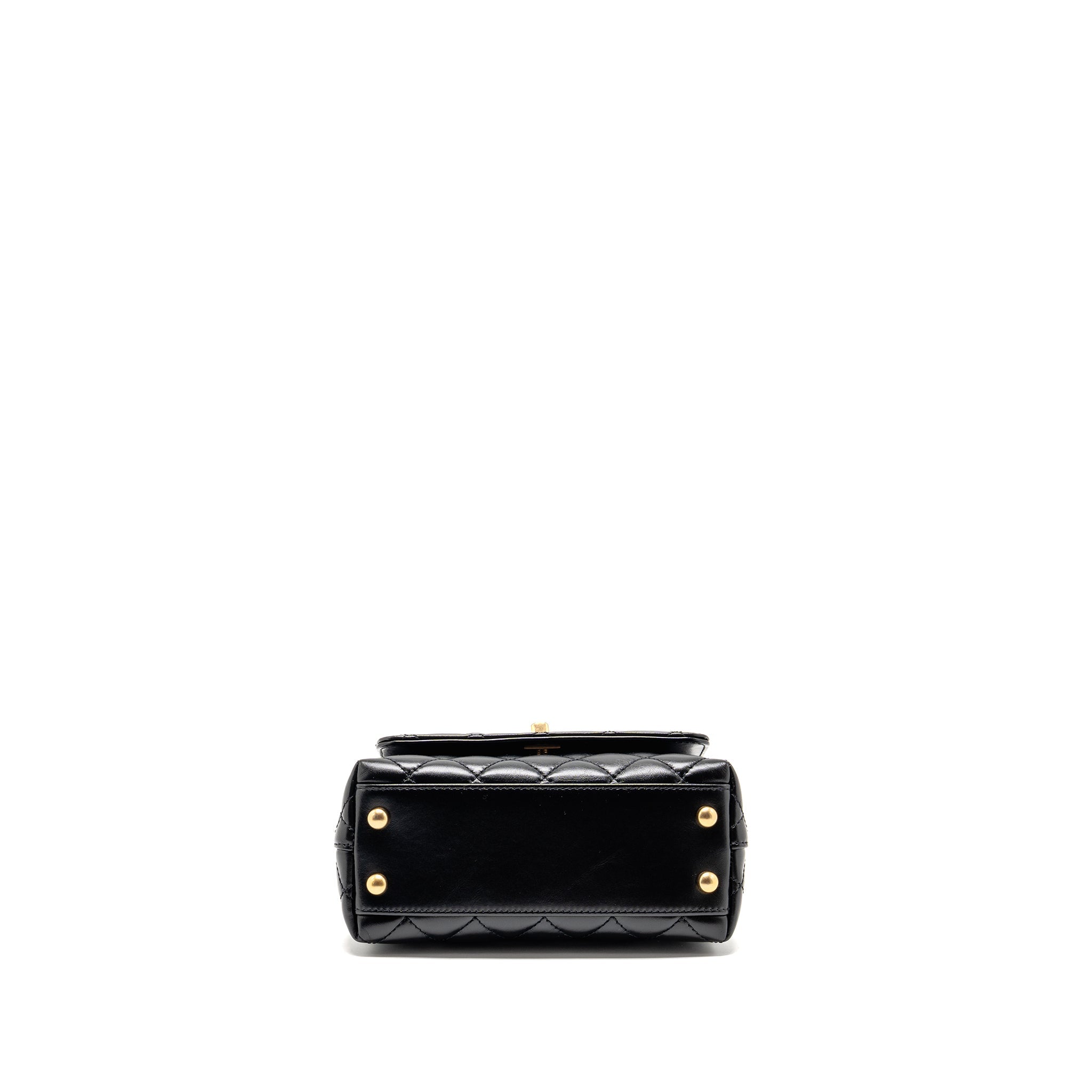 CHANEL DETAILED METAL TOP HANDLE MINI COCO HANDLE FLAP BAG SHINY CALFSKIN BLACK GHW (MICROCHIP)