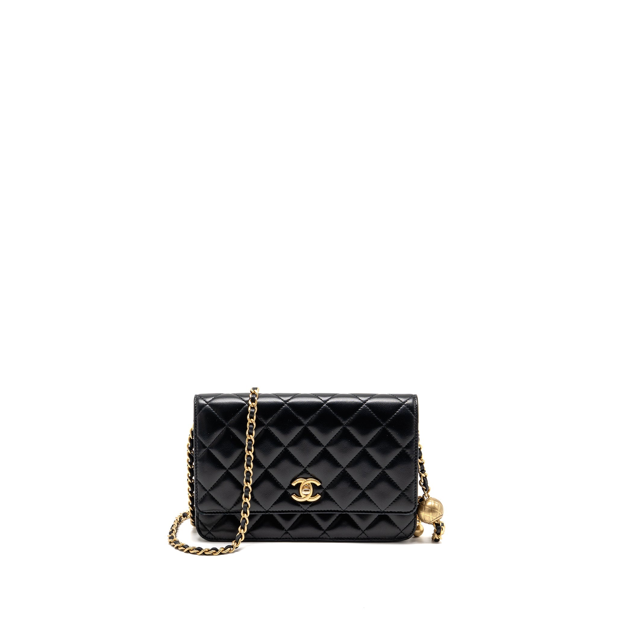 CHANEL PEARL CRUSH WALLET ON CHAIN LAMBSKIN BLACK GHW (MICROCHIP)