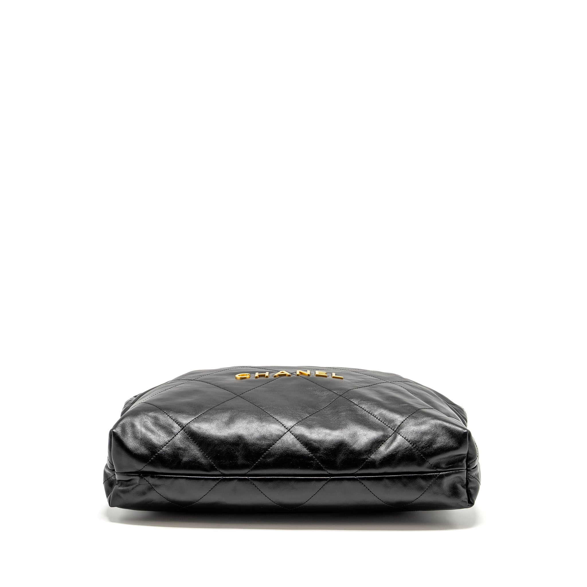 CHANEL MEDIUM 22 BAG GOLD LETTER SHINY CALFSKIN BLACK GHW (MICROCHIP)