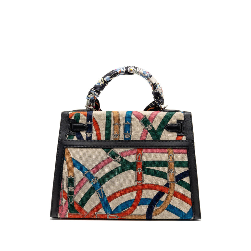 HERMES KELLY 32 LIMITED EDITION TOILE DE WASHED CANVAS / SWIFT LEATHER BLACK / CAVALCADOUR PRINT SHW