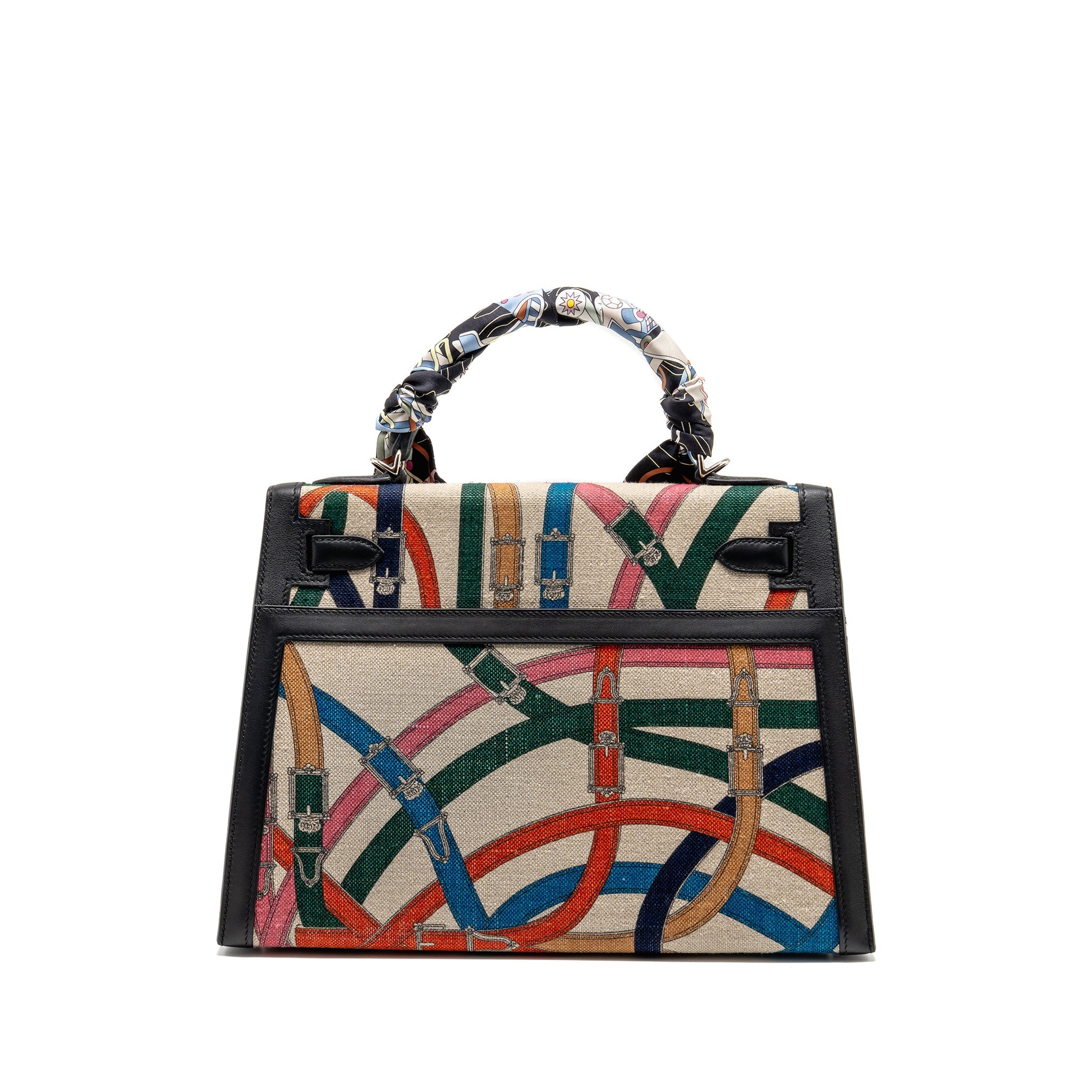 HERMES KELLY 32 LIMITED EDITION TOILE DE WASHED CANVAS / SWIFT LEATHER BLACK / CAVALCADOUR PRINT SHW