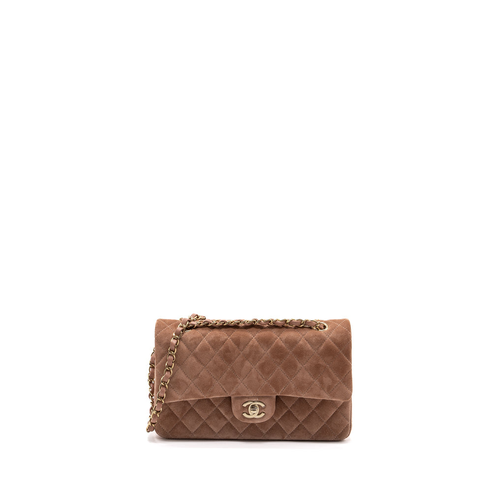 CHANEL MEDIUM CLASSIC DOUBLE FLAP BAG SUEDE LEATHER LIGHT BROWN LGHW (MICROCHIP )