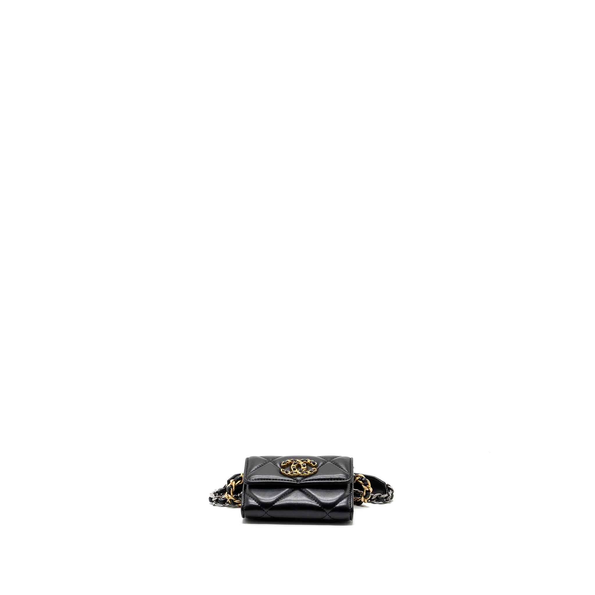 CHANEL 19 FLAP CARD HOLDER WITH CHAIN LAMBSKIN BLACK MULTICOLOR HARDWARE