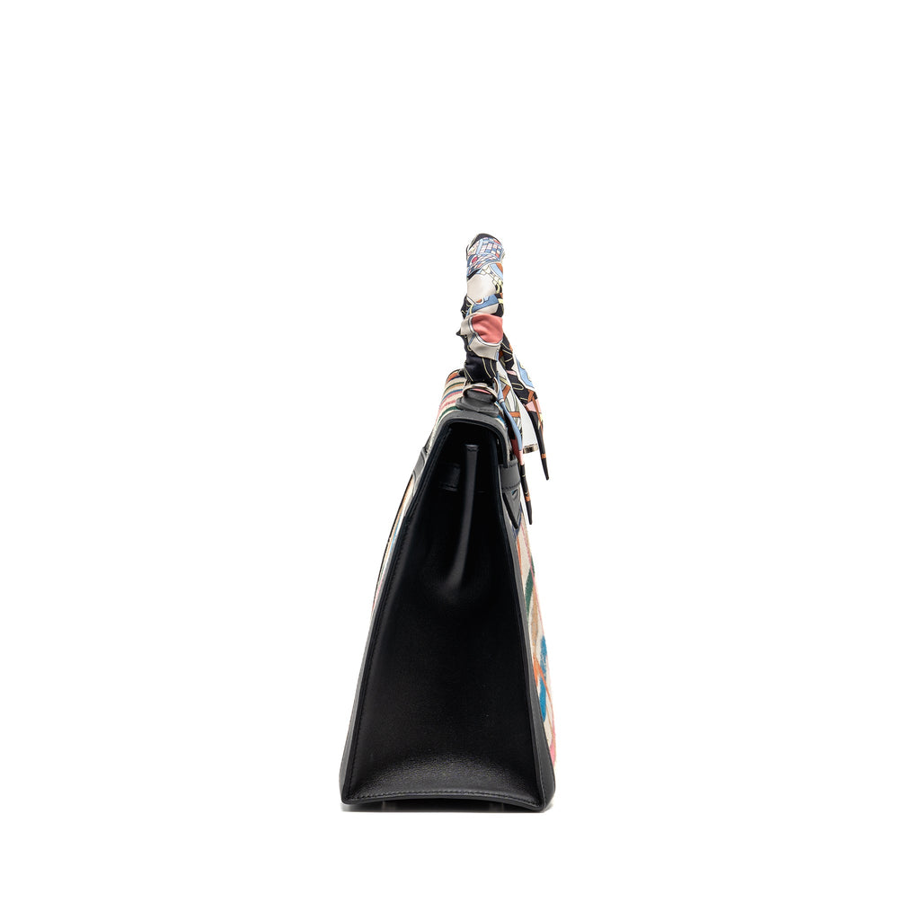 HERMES KELLY 32 LIMITED EDITION TOILE DE WASHED CANVAS / SWIFT LEATHER BLACK / CAVALCADOUR PRINT SHW