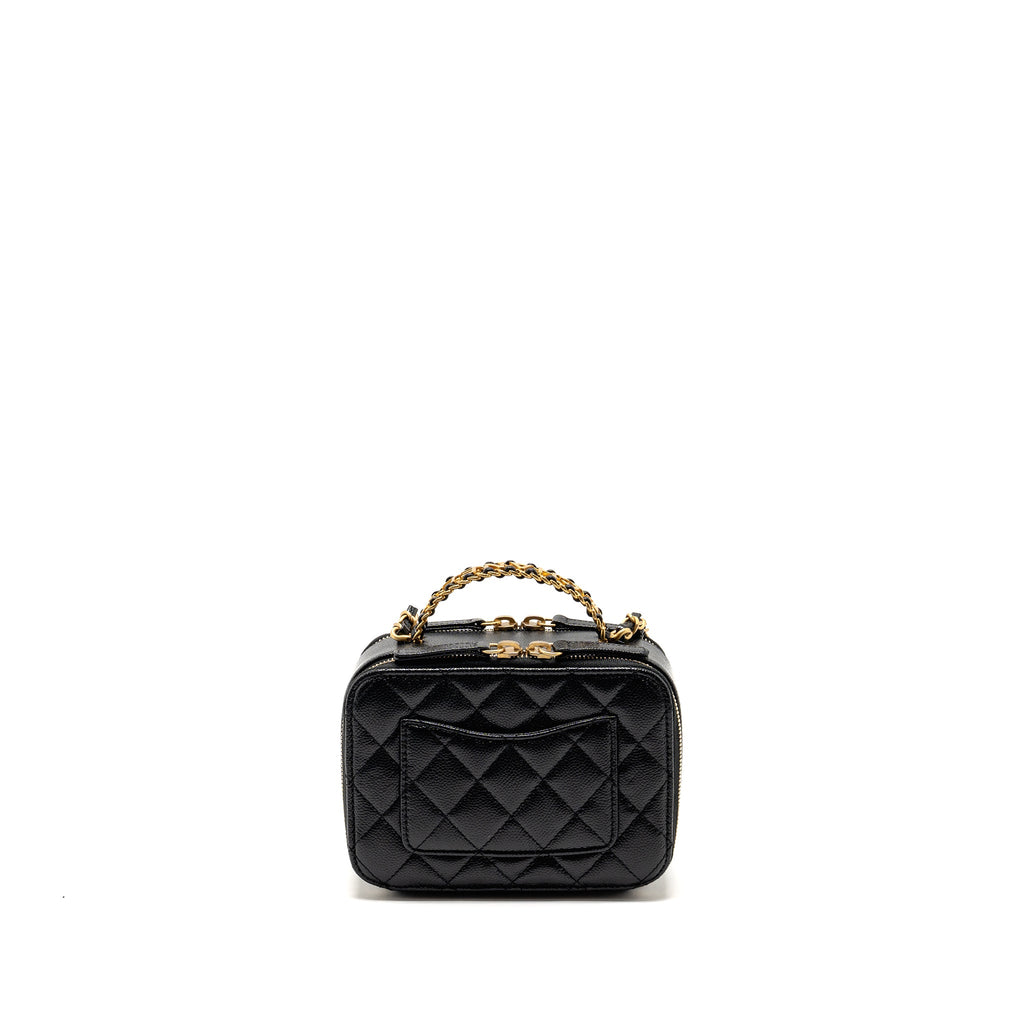 CHANEL LOGO DETAILED HANDLE MINI PICK ME UP VANITY CASE CAVIAR BLACK GHW (MICROCHIP)