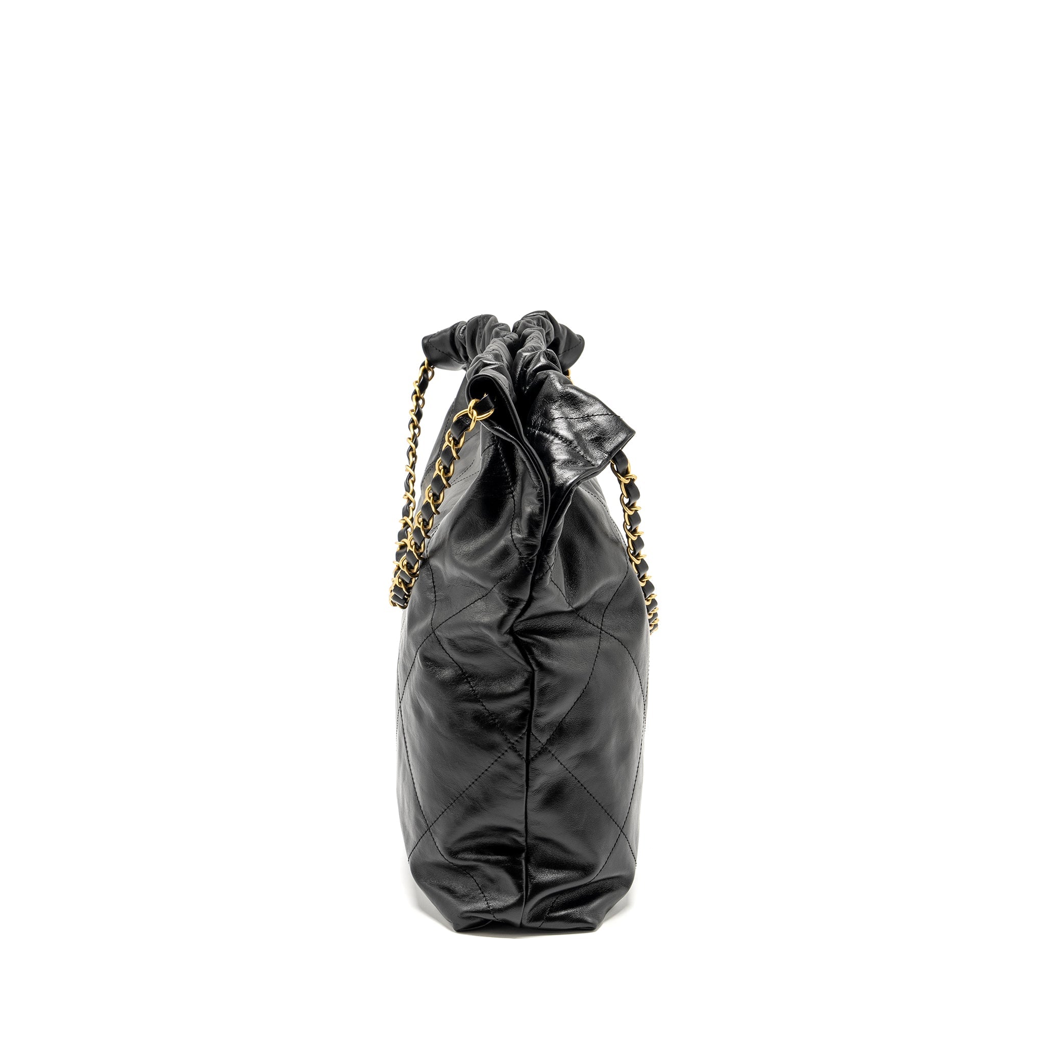 CHANEL MEDIUM 22 BAG GOLD LETTER SHINY CALFSKIN BLACK GHW (MICROCHIP)