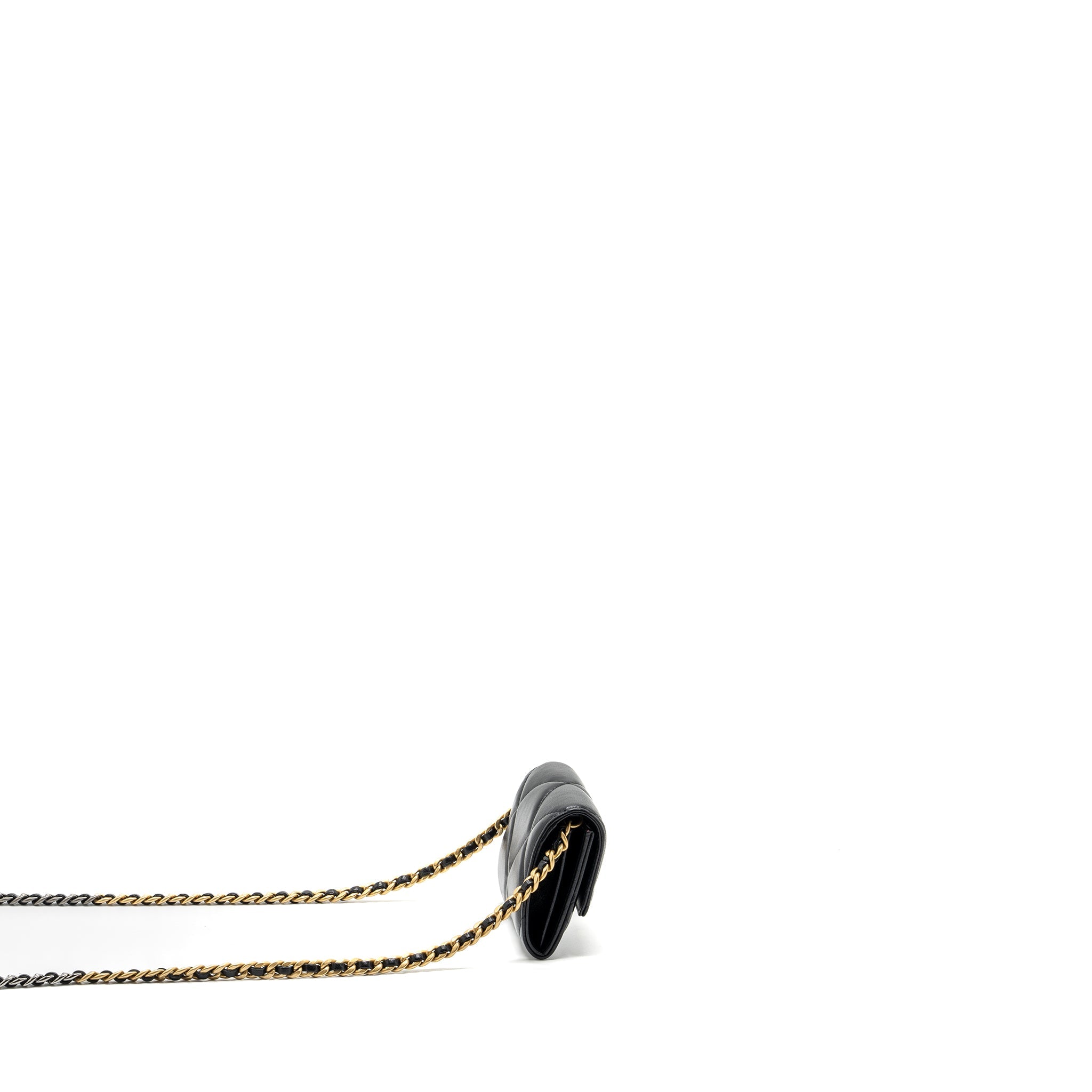 CHANEL 19 FLAP CARD HOLDER WITH CHAIN LAMBSKIN BLACK MULTICOLOR HARDWARE