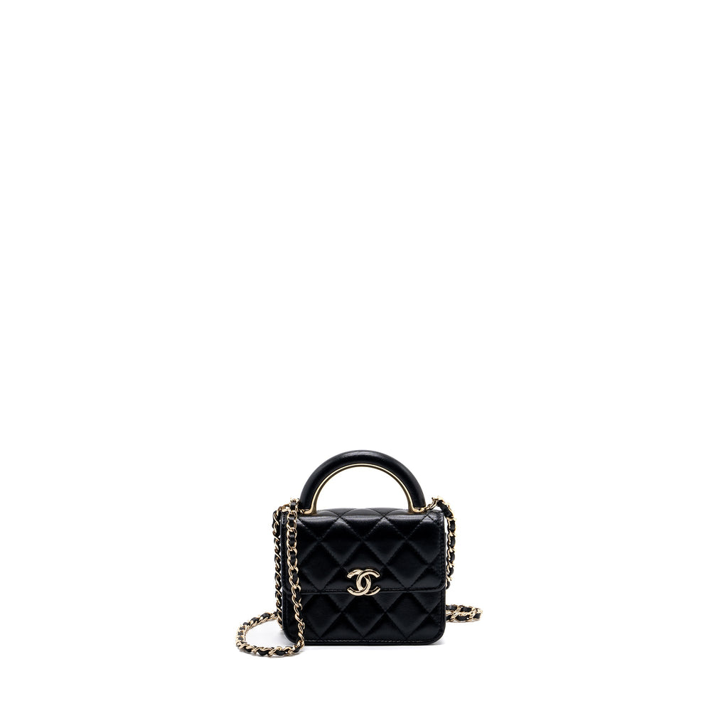 CHANEL TOP HANDLE MINI FLAP BAG WITH CHAIN LAMBSKIN BLACK LGHW (MICROCHIP)