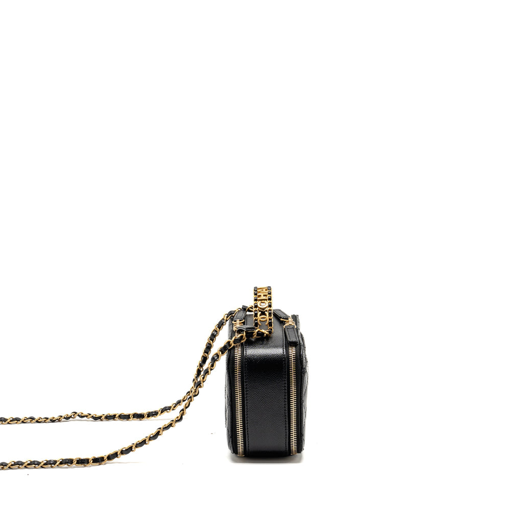 CHANEL LOGO DETAILED HANDLE MINI PICK ME UP VANITY CASE CAVIAR BLACK GHW (MICROCHIP)