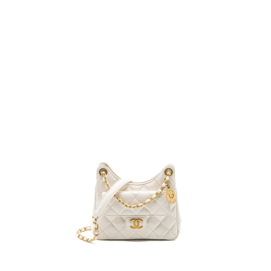 CHANEL 23B SMALL HOBO BAG SHINY CALFSKIN WHITE BRUSHED GHW(MICROCHIP)