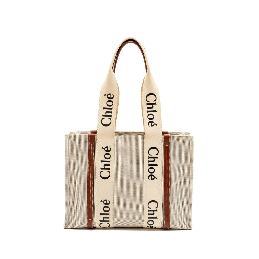 CHLOE MEDIUM WOODY TOTE BAG CANVAS WHITE/BROWN