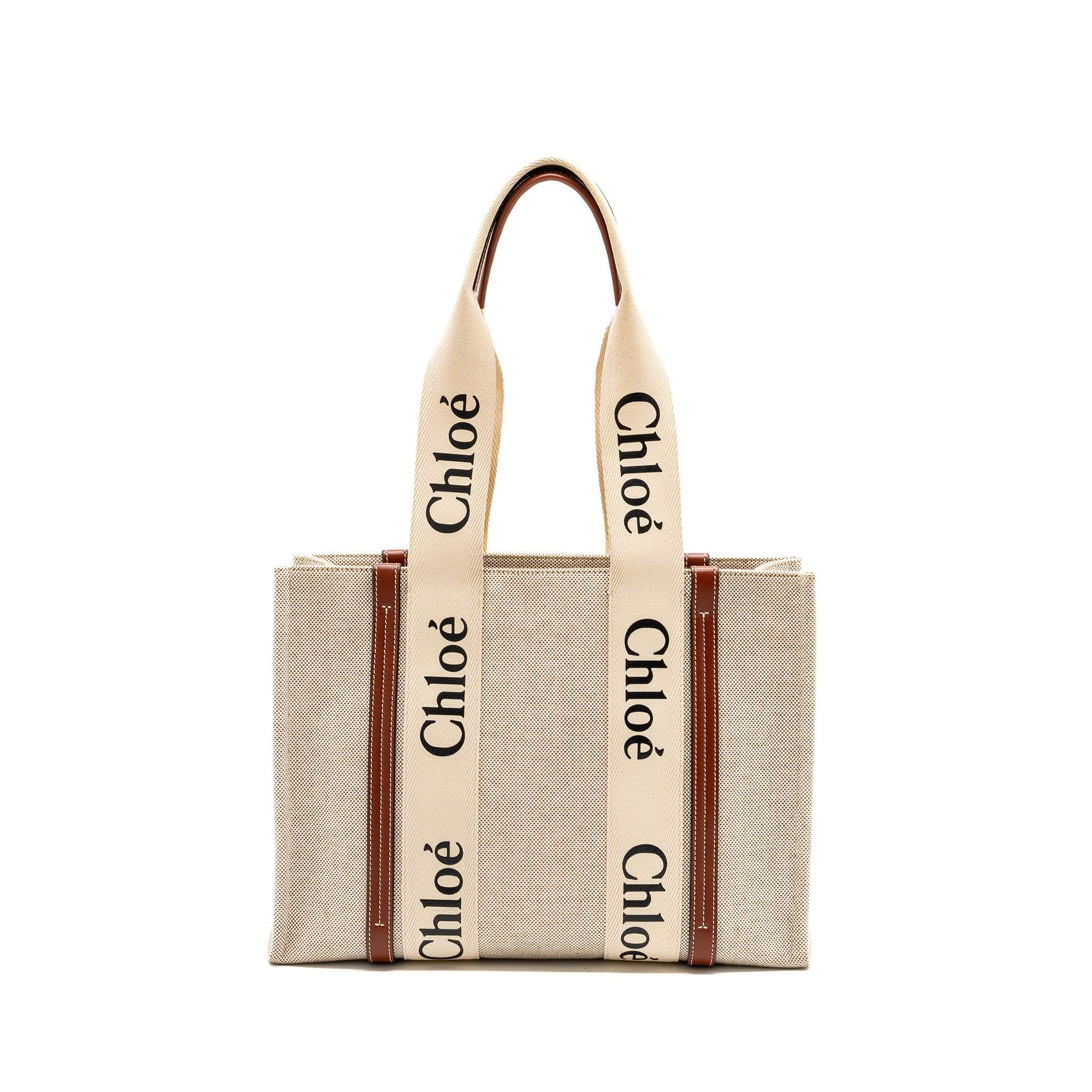 CHLOE MEDIUM WOODY TOTE BAG CANVAS WHITE/BROWN