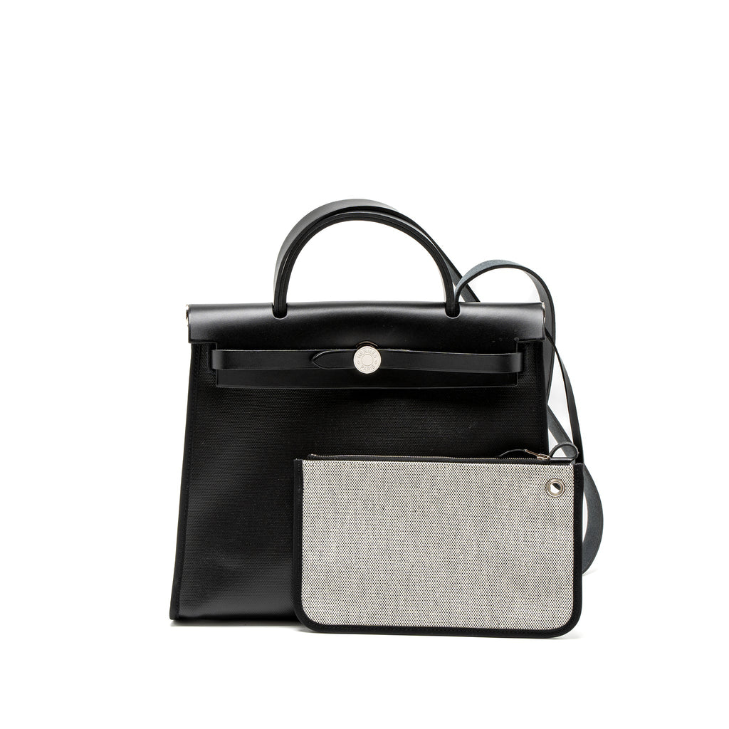HERMES HERBAG 31 ZIP BAG TOILE H BERLINE CANVAS/VACHE HUNTER BLACK/ECRU SHW
