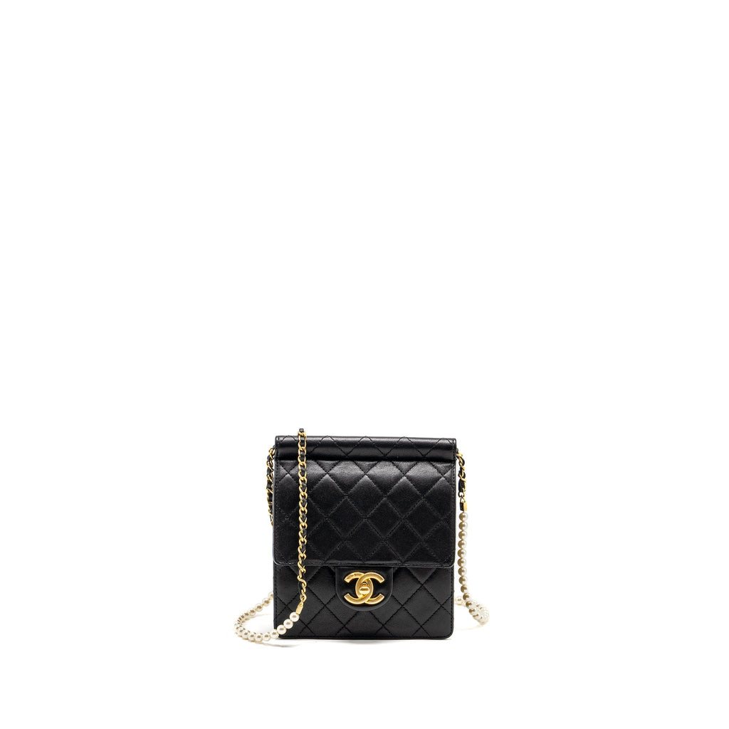 CHANEL 19S PEARL CHAIN QUILTED VERTICAL FLAP BAG LAMBSKIN BLACK GHW
