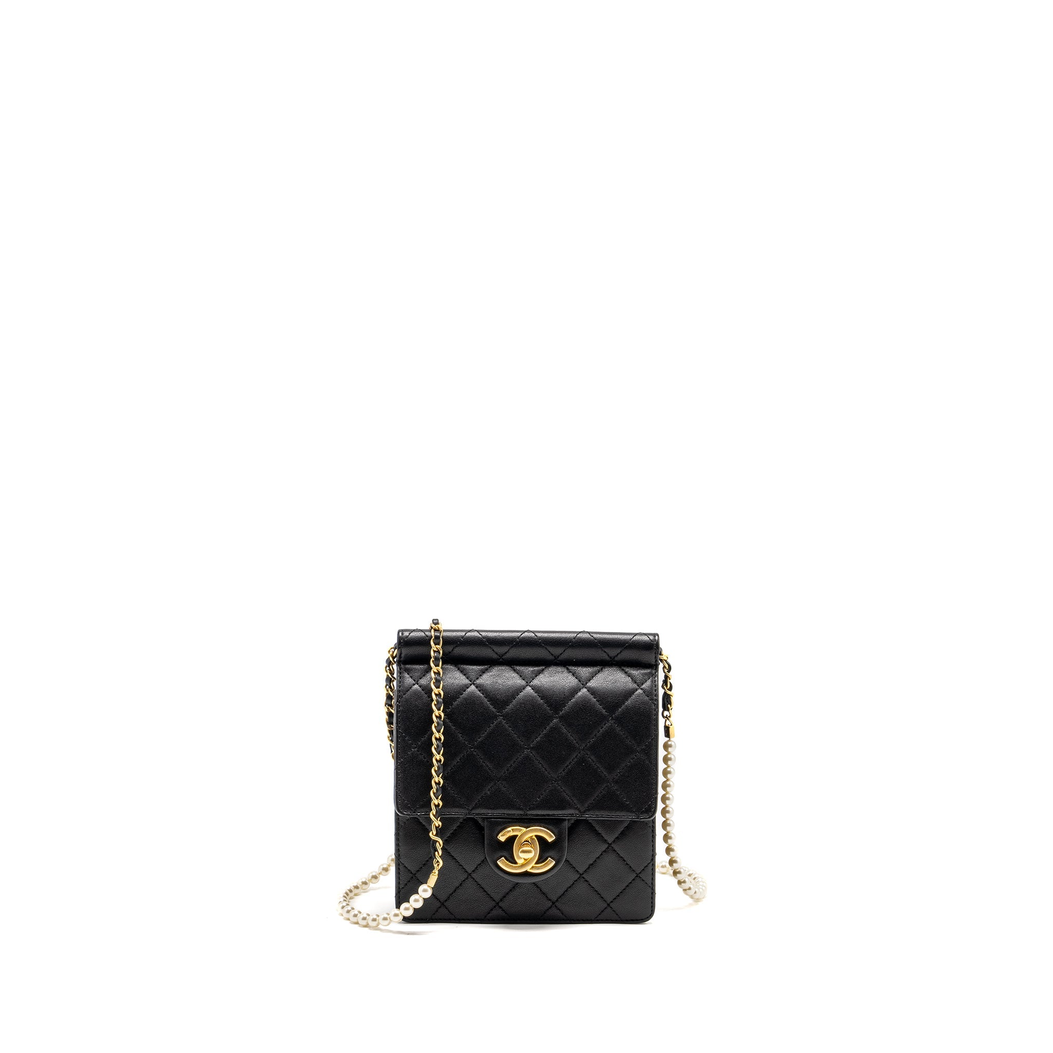 CHANEL 19S PEARL CHAIN QUILTED VERTICAL FLAP BAG LAMBSKIN BLACK GHW