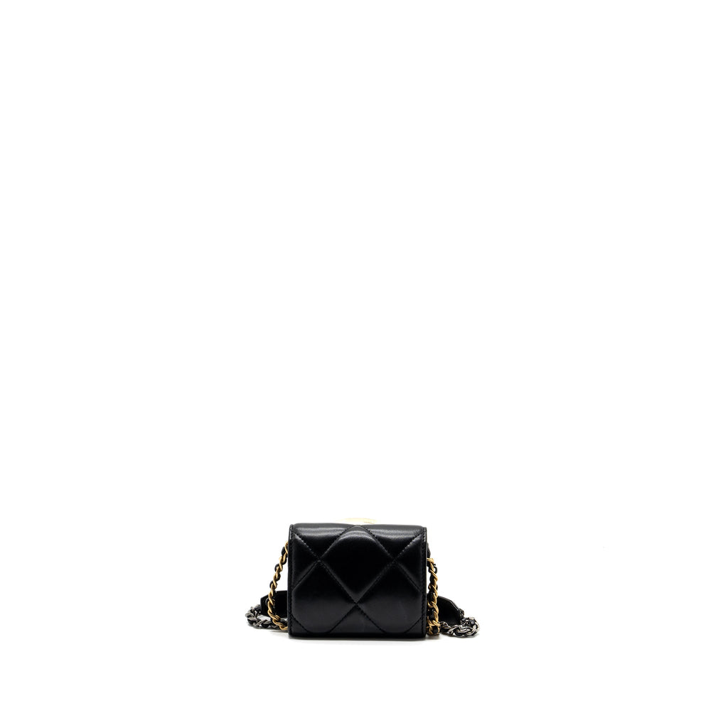 CHANEL 19 FLAP CARD HOLDER WITH CHAIN LAMBSKIN BLACK MULTICOLOR HARDWARE