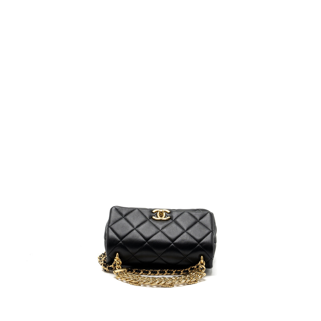CHANEL LOGO CHAIN HANDLE FLAP BAG LAMBSKIN BLACK GHW(MICROCHIP)