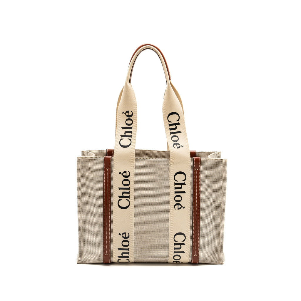 CHLOE MEDIUM WOODY TOTE BAG CANVAS WHITE/BROWN