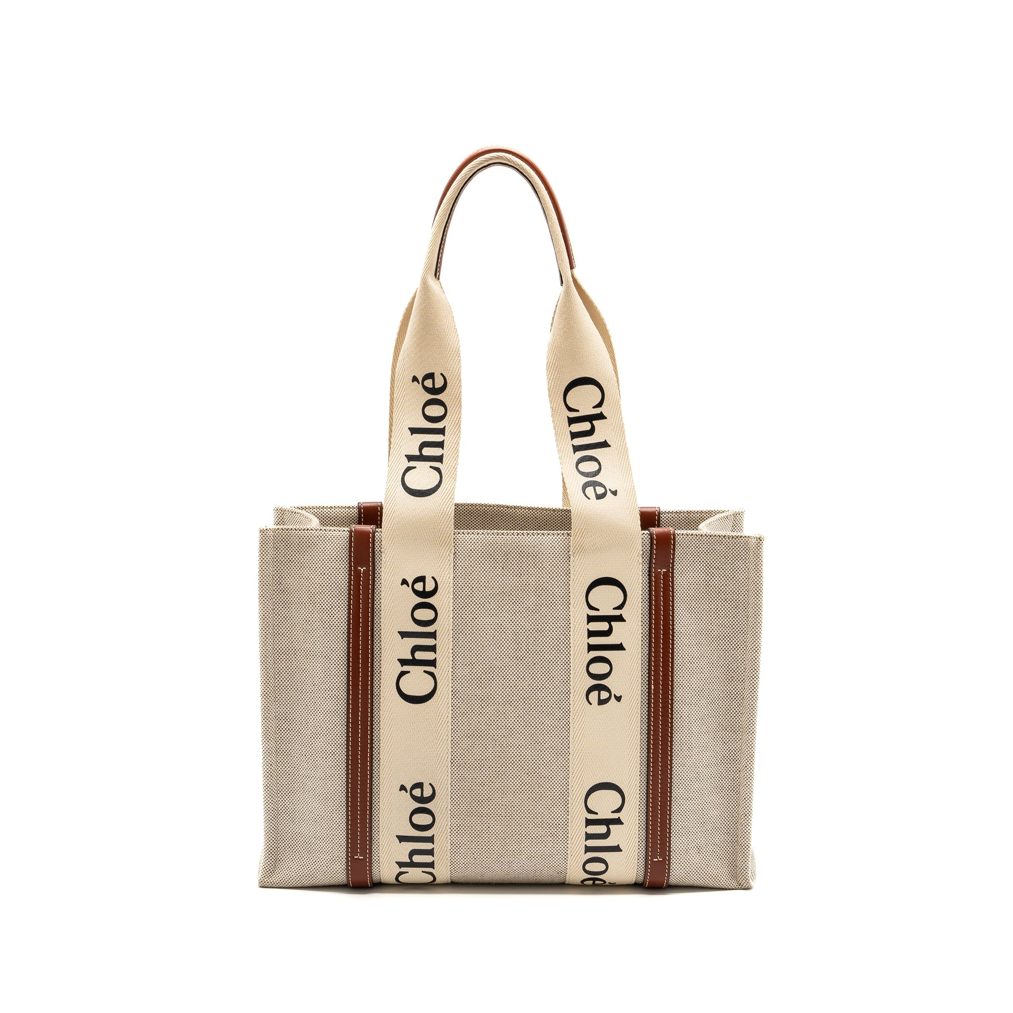 CHLOE MEDIUM WOODY TOTE BAG CANVAS WHITE/BROWN