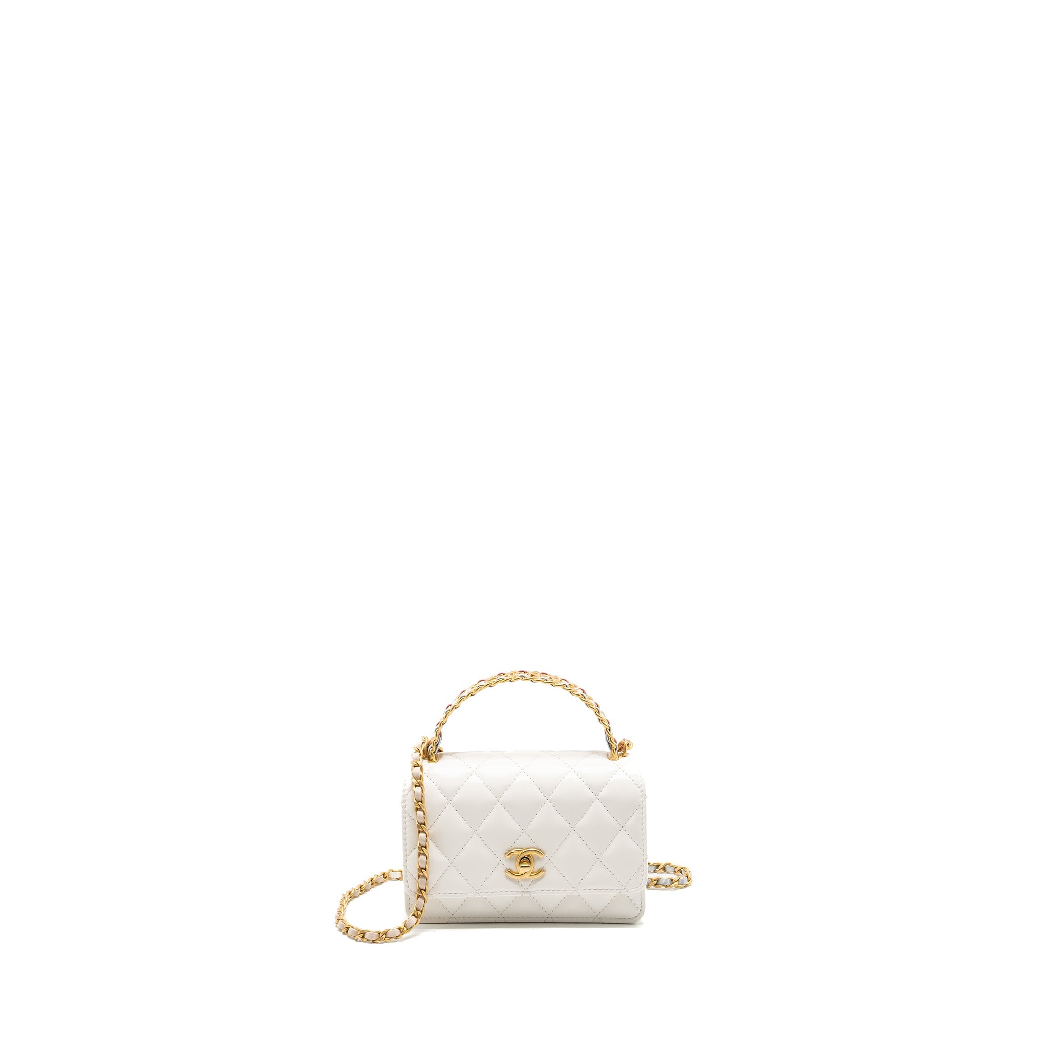 CHANEL 23P RAINBOW LETTER HANDLE MINI WALLET ON CHAIN CALFSKIN WHITE GHW (MICROCHIP)