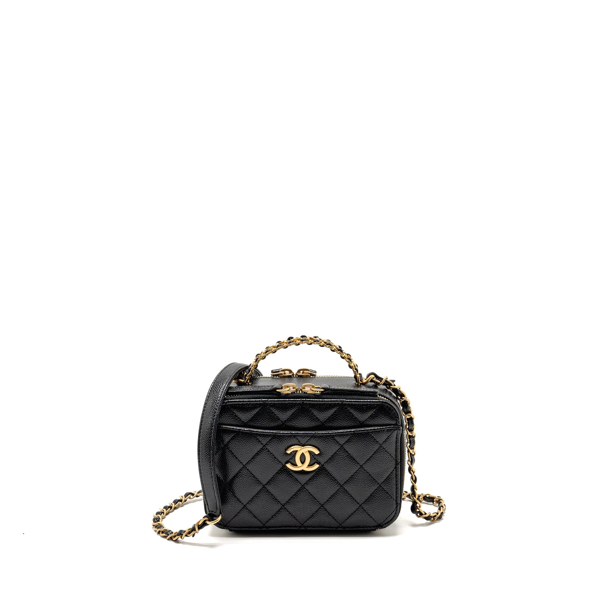 CHANEL LOGO DETAILED HANDLE MINI PICK ME UP VANITY CASE CAVIAR BLACK GHW (MICROCHIP)
